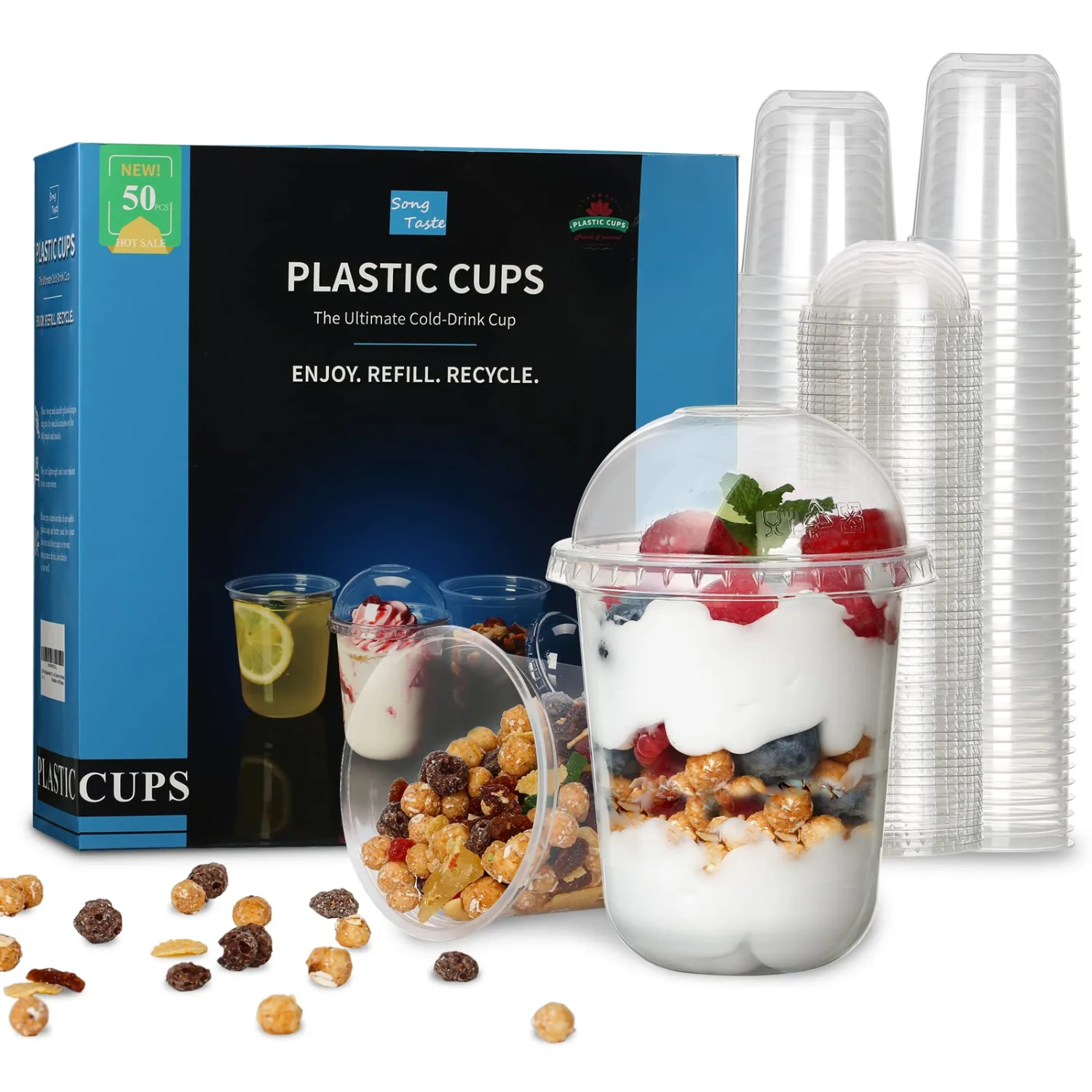 Songtaste 50 Pcs Disposable Plastic Cups,12 Oz Clear Plastic Parfait Cups with Dome Lids and No Hole,Dessert Yogurt Fruit Holders for Kids,Take Away Breakfast and Snacks,Cold Drinks,Ice Cream,Fruit