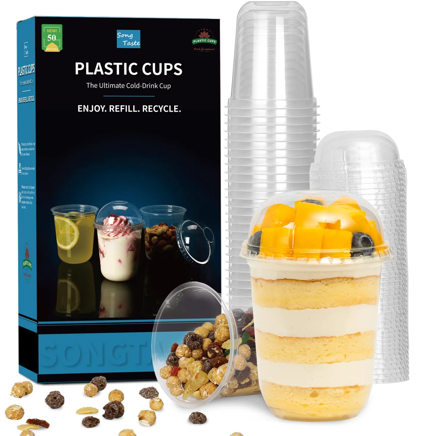 Songtaste 50 Pcs Disposable Plastic Cups,8 Oz Clear Plastic Parfait Cups with Dome Lids,No Hole, Dessert Yogurt Fruit Cups for Kids, Take Away Breakfast and Snacks, Cold Drinks, Ice Cream, Fruit Iced