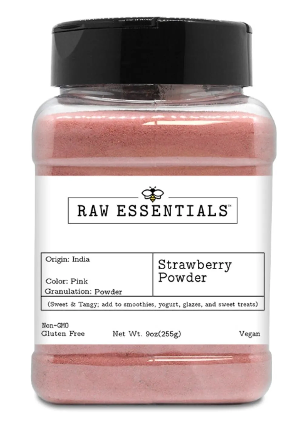 Raw Essentials Strawberry Powder - Sweet & Tangy - No Sugar Added - Add to Smoothies, Yogurt, Glazes, and Sweet Treats - Non-GMO, Gluten Free, and Vegan - 9 Ounce Bottle