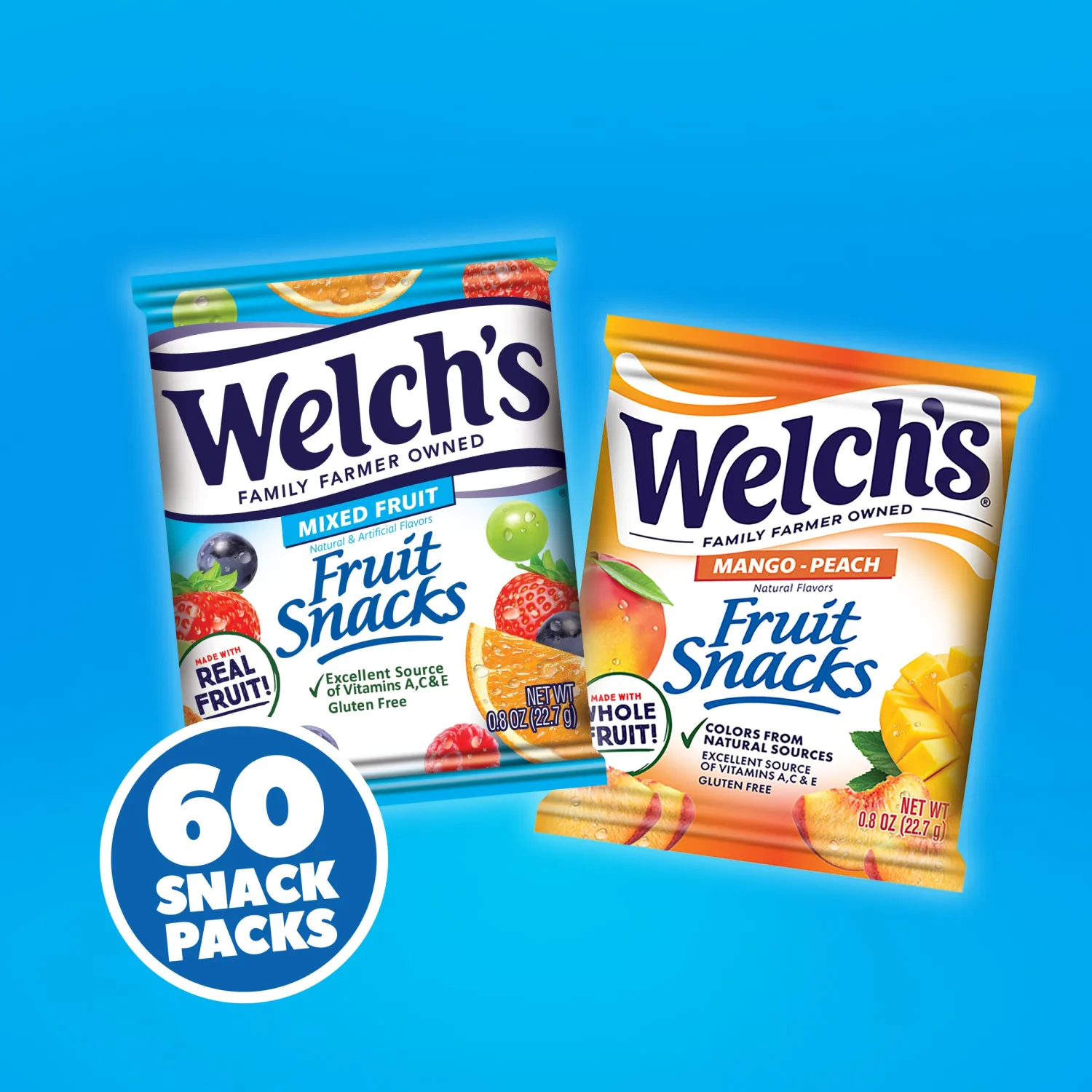 Welch's Fruit Snacks, Mixed Fruit & Mango Peach Snack Box, Gluten Free, 0.8oz Snack Packs (Pack of 60)