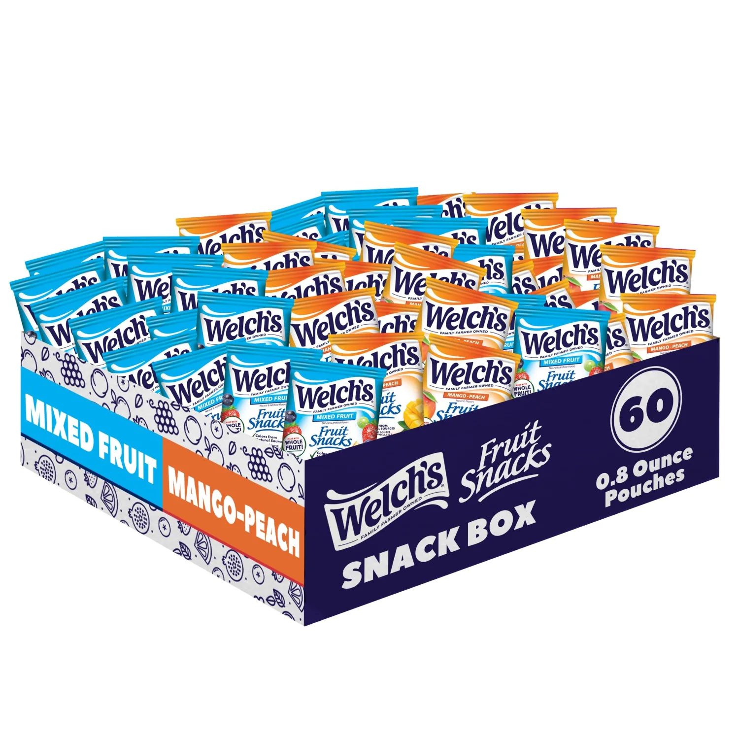 Welch's Fruit Snacks, Mixed Fruit & Mango Peach Snack Box, Gluten Free, 0.8oz Snack Packs (Pack of 60)