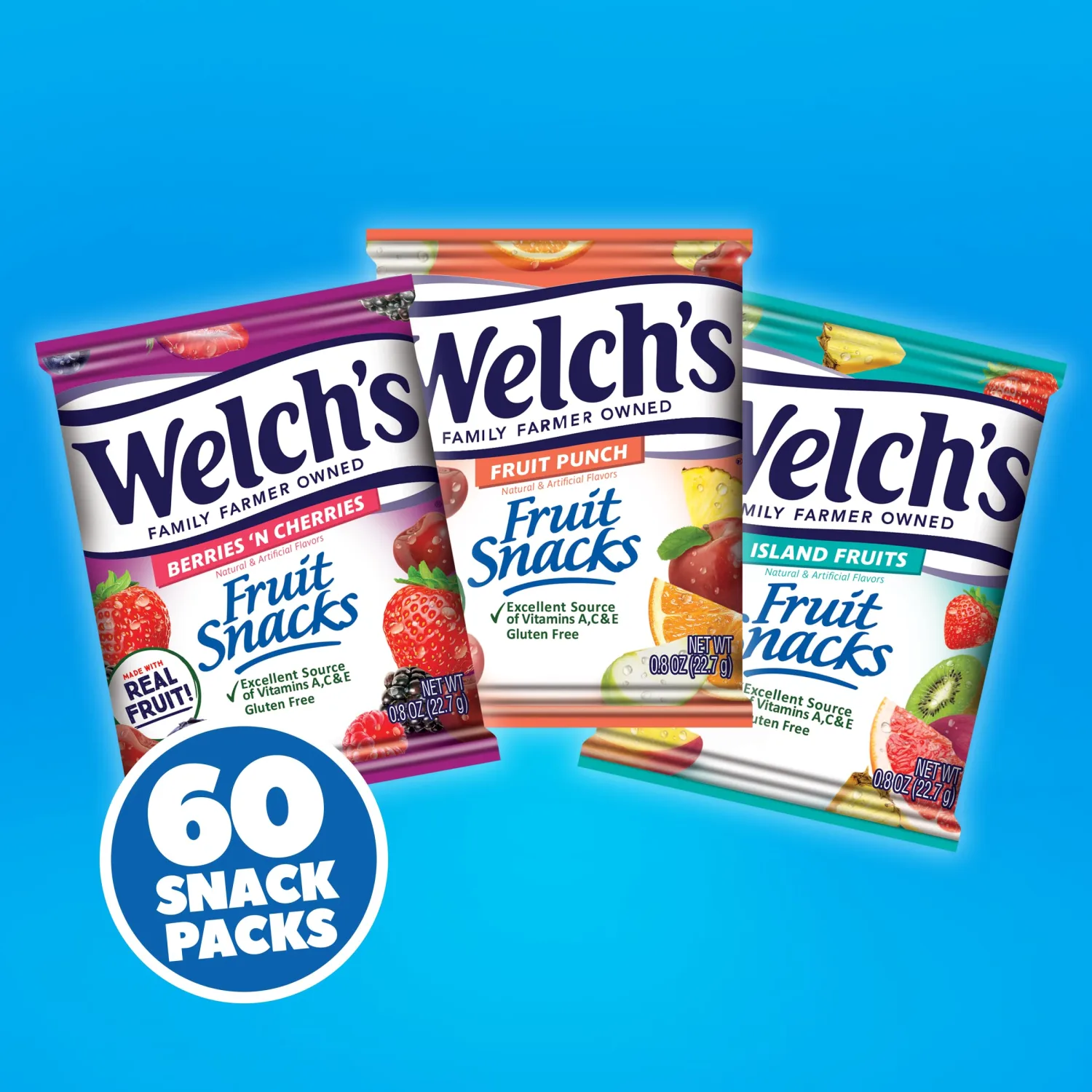 Welch's Fruit Snacks, Fruit Punch & Island Fruits & Berries 'N Cherries Snack Box, Gluten Free, 0.8oz Snack Packs (Pack of 60)
