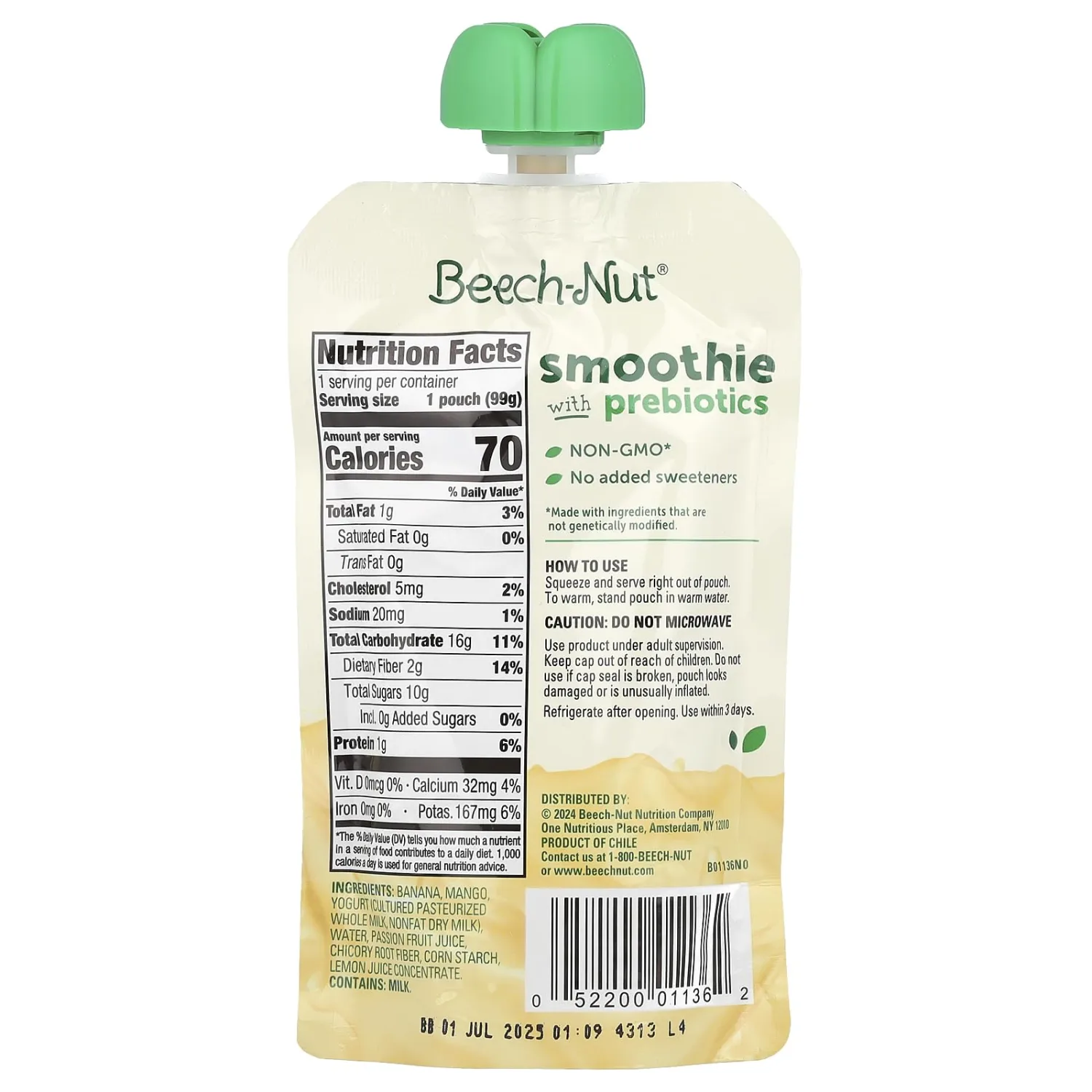 Beech-Nut Smoothie with Prebiotics, Banana, Mango, Passion Fruit & Yogurt, 3.5oz pouch