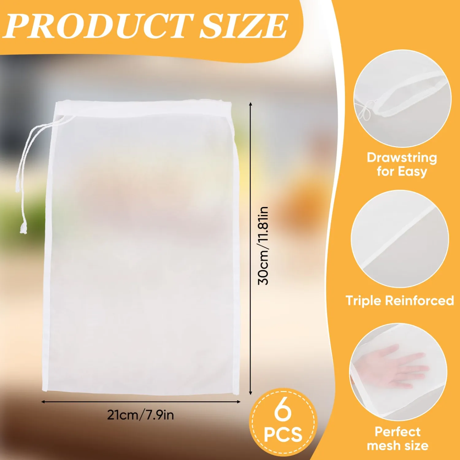 6Pcs Nut Bag Strainer, 11.8x7.9inch Nylon Cheesecloth Bags, Reusable Nut Milk Bag Cheese Cloths, 200 Mesh Fine Mesh Bag for Straining for Straining Fruit Juice Coffee Tea Yogurt Tofu Cold Brew