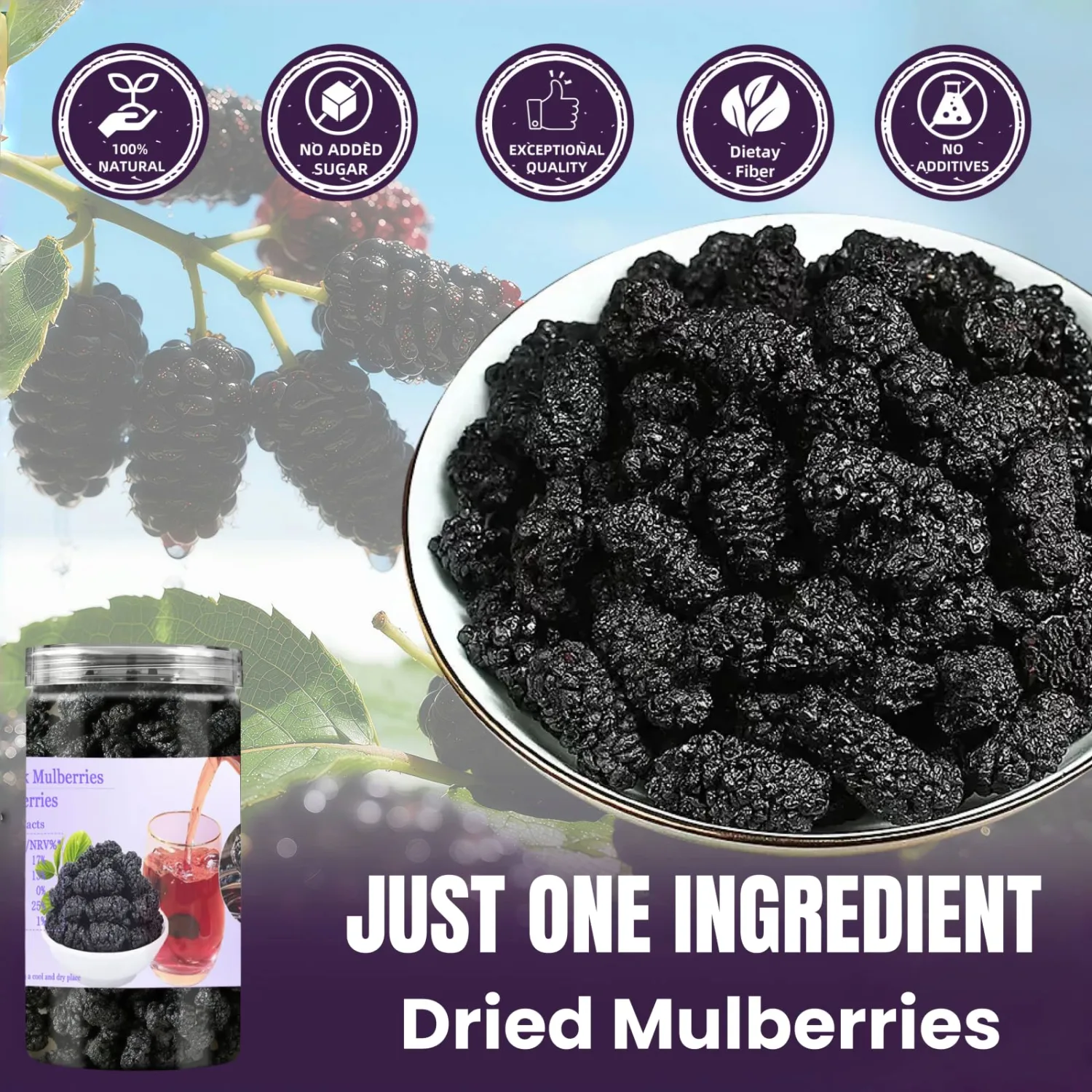 Dried Black Mulberries 245-250 per Jar,8.8oz(250g),Single-Ingredient,Mulberries No Sugar Added,No Additives,Superfood Mulberry Snack for Smoothies,Baking & Yogurt