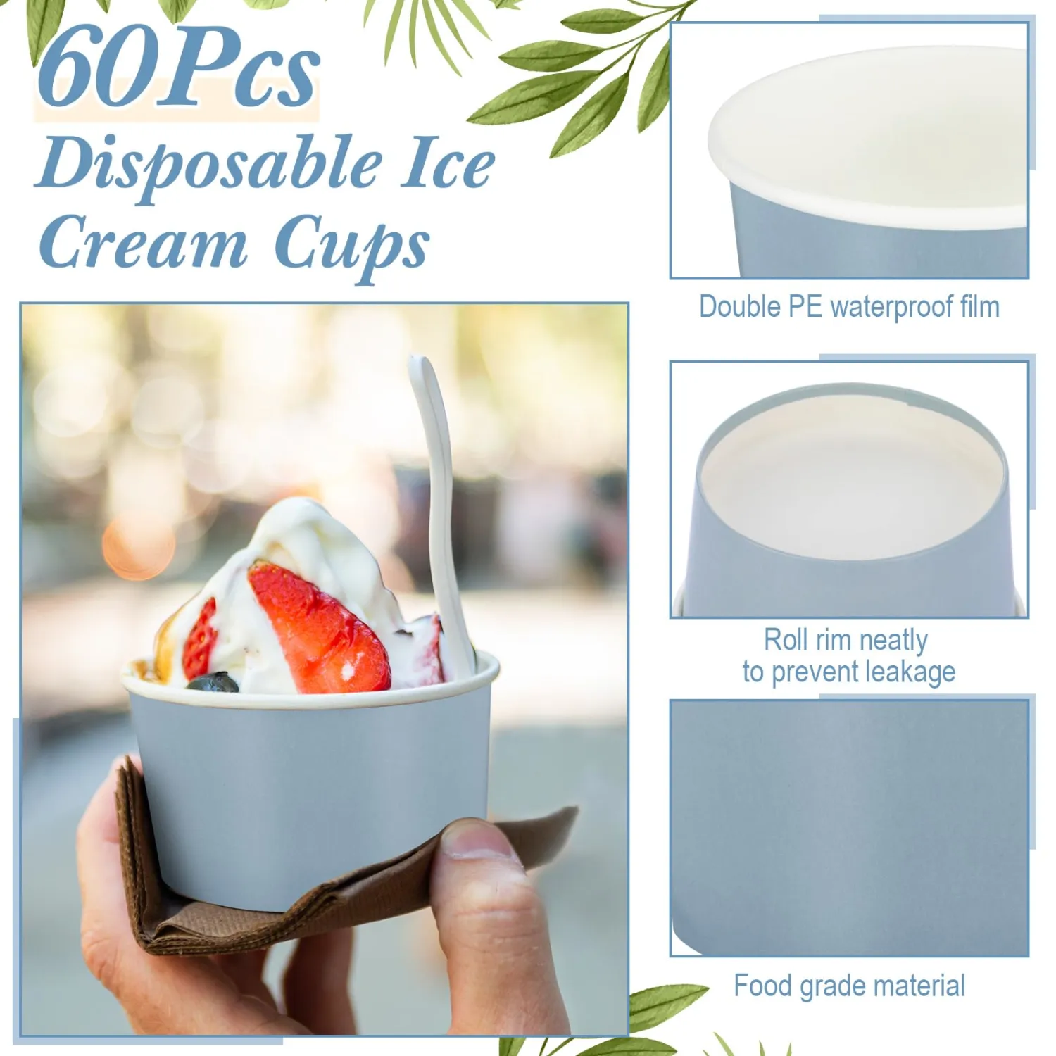 Maxdot 60pcs 3oz Dessert Cups, Disposable Ice Cream Cups, Paper Frozen Yogurt Bowls, for Hot and Cold Foods, Suitable for Gelato or Mousse(Gray blue)