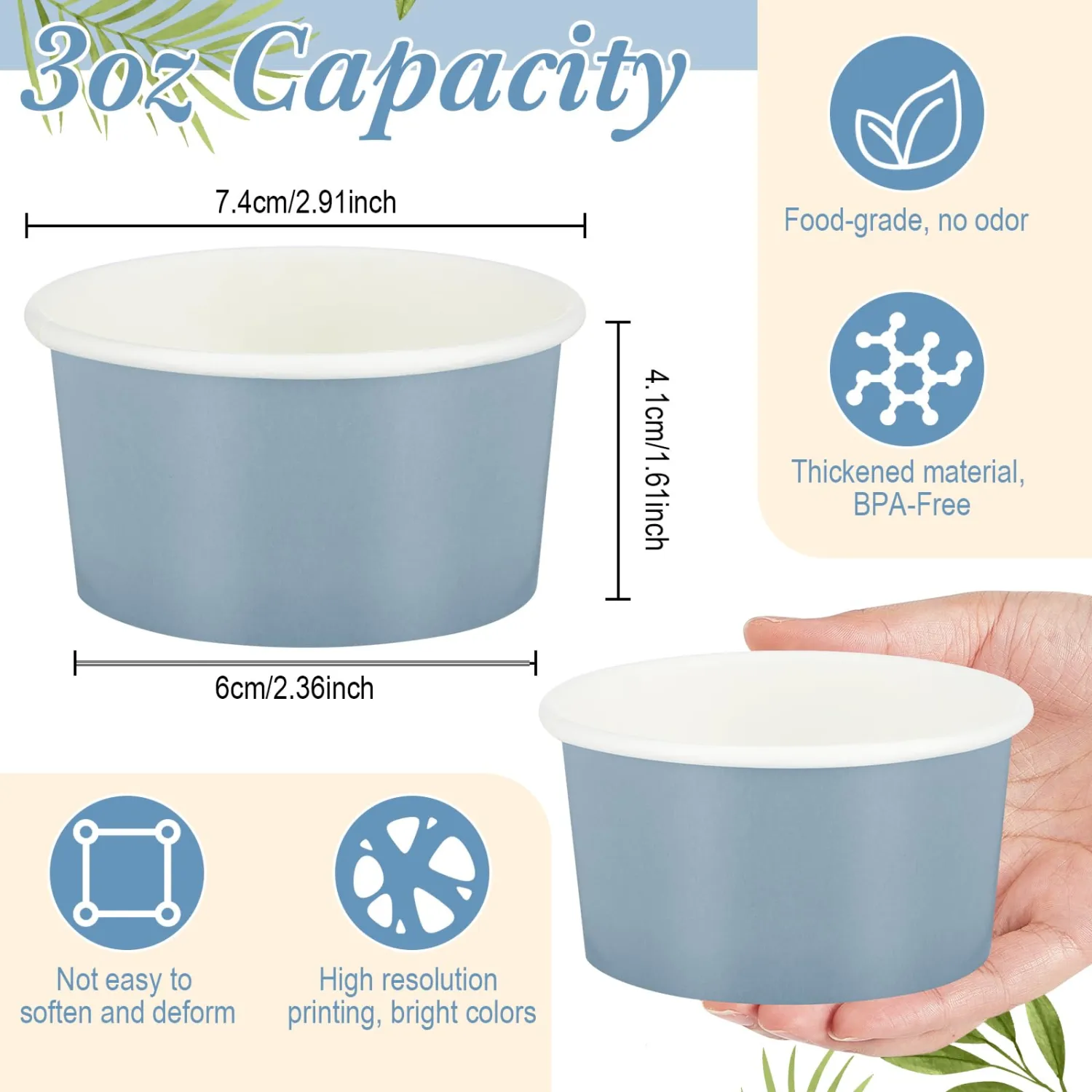 Maxdot 60pcs 3oz Dessert Cups, Disposable Ice Cream Cups, Paper Frozen Yogurt Bowls, for Hot and Cold Foods, Suitable for Gelato or Mousse(Gray blue)