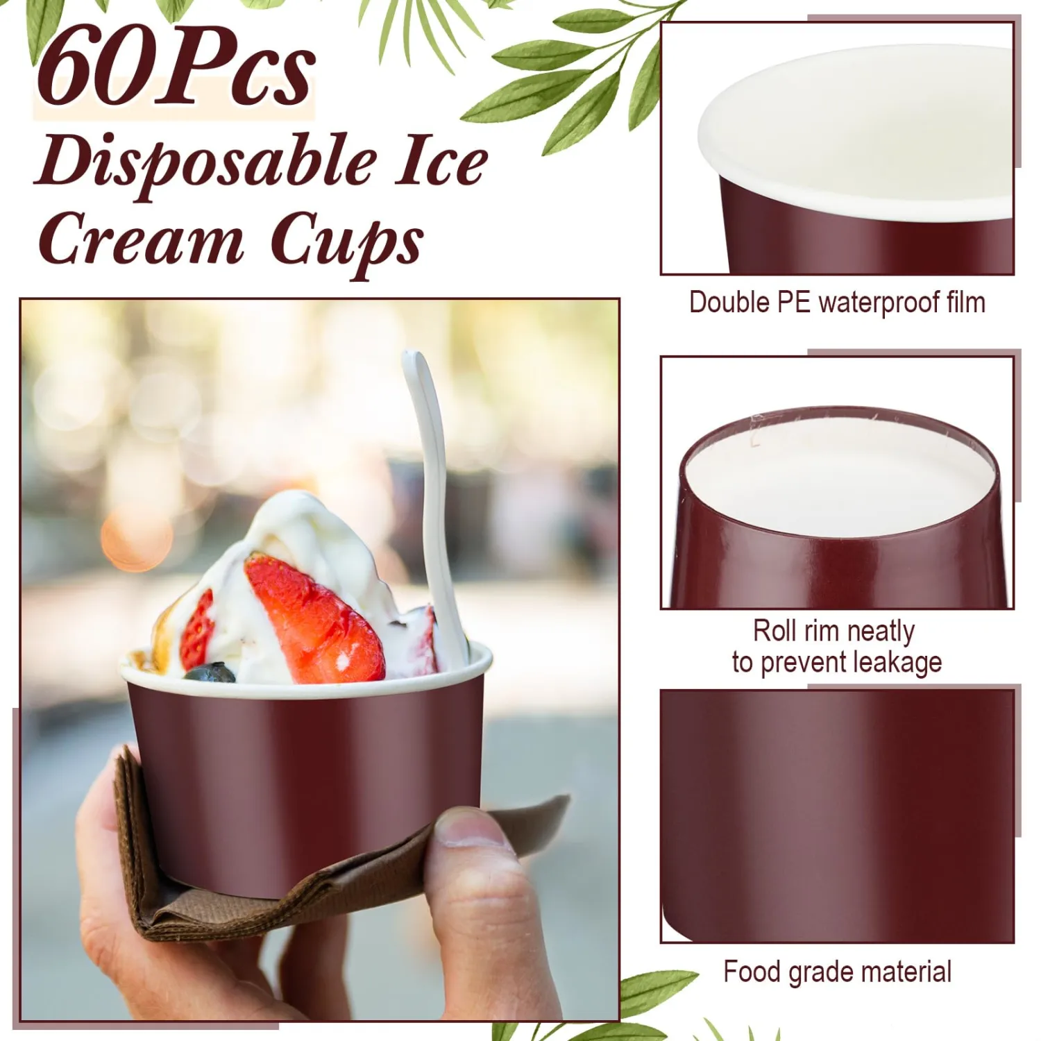 Maxdot 60pcs 3oz Dessert Cups, Disposable Ice Cream Cups, Paper Frozen Yogurt Bowls, for Hot and Cold Foods, Suitable for Gelato or Mousse(Ankara Red)