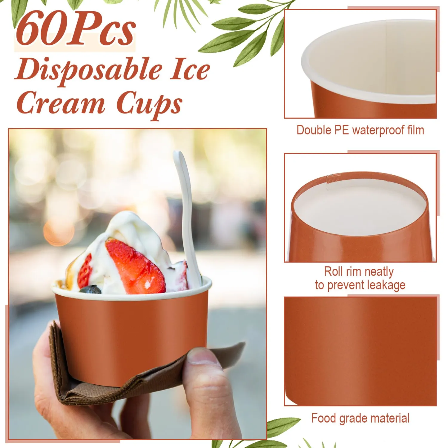 Maxdot 60pcs 3oz Dessert Cups, Disposable Ice Cream Cups, Paper Frozen Yogurt Bowls, for Hot and Cold Foods, Suitable for Gelato or Mousse(Rust Red)