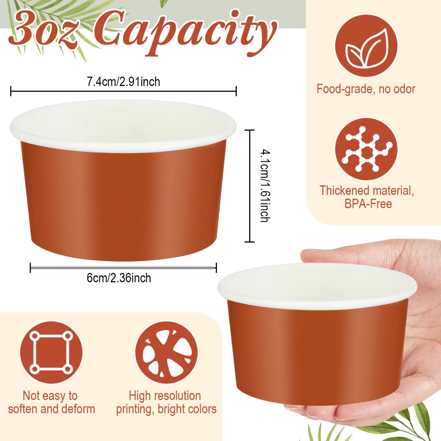 Maxdot 60pcs 3oz Dessert Cups, Disposable Ice Cream Cups, Paper Frozen Yogurt Bowls, for Hot and Cold Foods, Suitable for Gelato or Mousse(Rust Red)