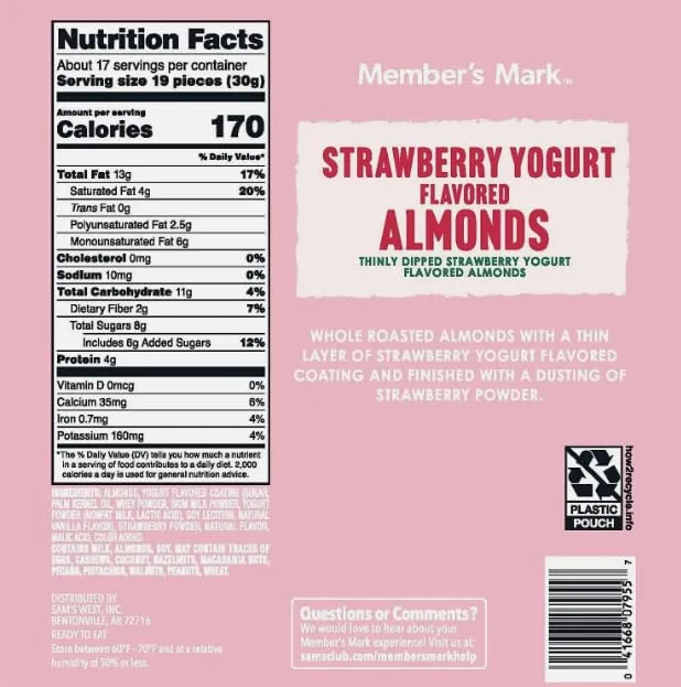 Member Mark Strawberry Yogurt Almonds, 17.5 Ounces of Strawberry Yogurt Flavored Almonds in a Resealable Bag