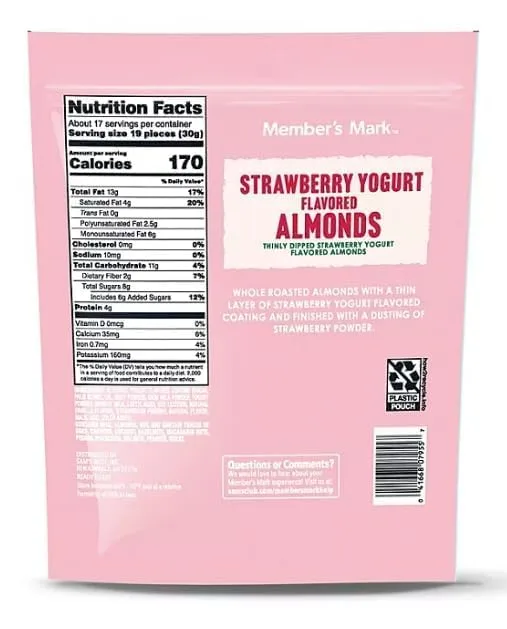 Member Mark Strawberry Yogurt Almonds, 17.5 Ounces of Strawberry Yogurt Flavored Almonds in a Resealable Bag