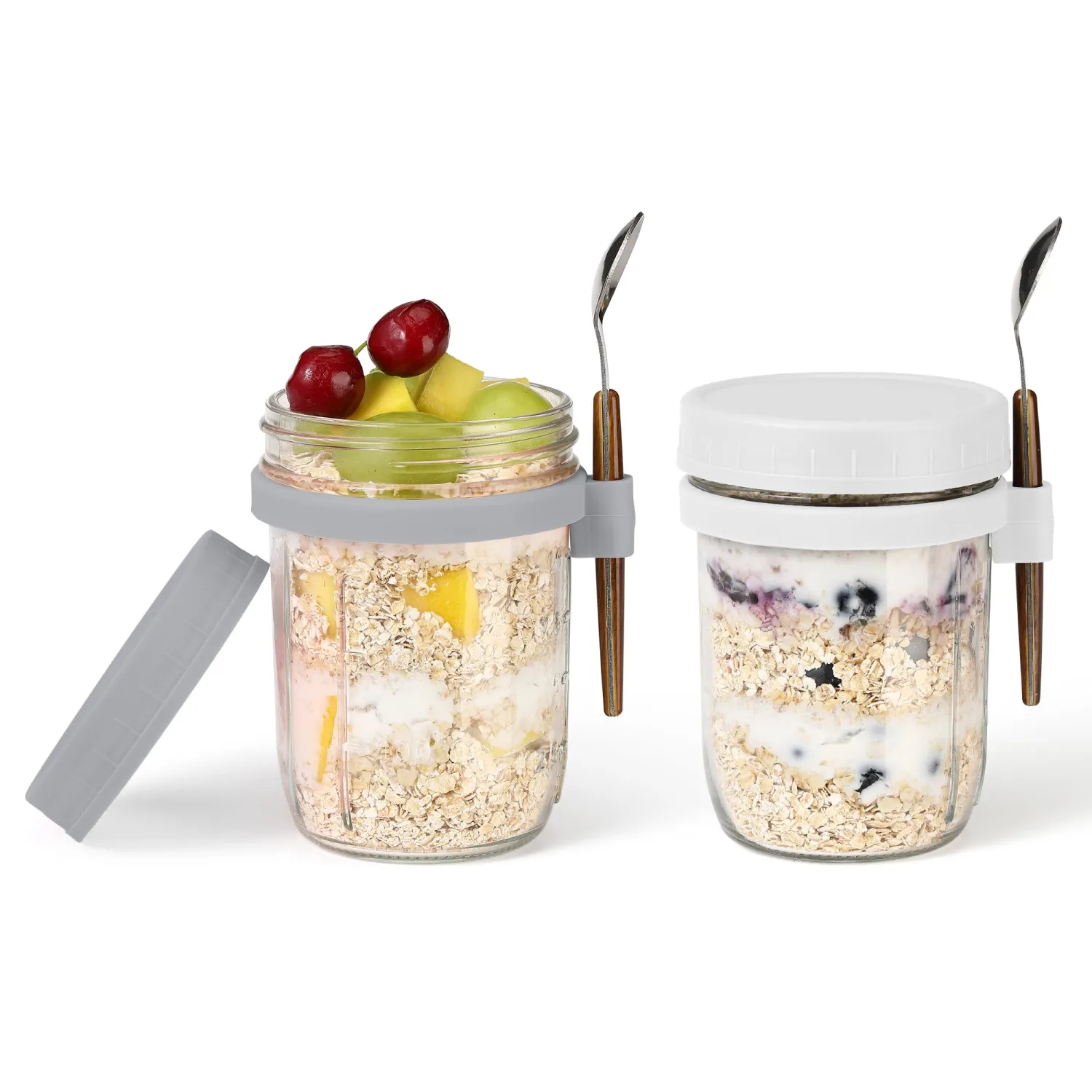 16oz Glass Mason Overnight Oats Jars, Cereal, Yogurt, Salad Lunch,Glass Overnight Oats Containers with Lids and Spoon, Container with Measurement Marks - (Grey&White-2Pcs)