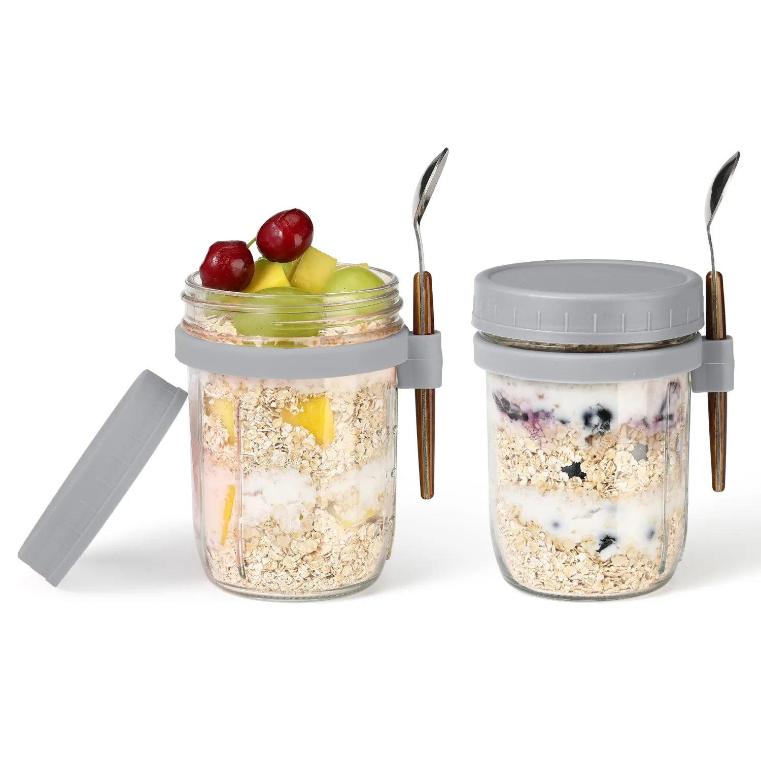 16oz Glass Mason Overnight Oats Jars, Cereal, Yogurt, Salad Lunch,Glass Overnight Oats Containers with Lids and Spoon, Container with Measurement Marks - (Grey-2Pcs)