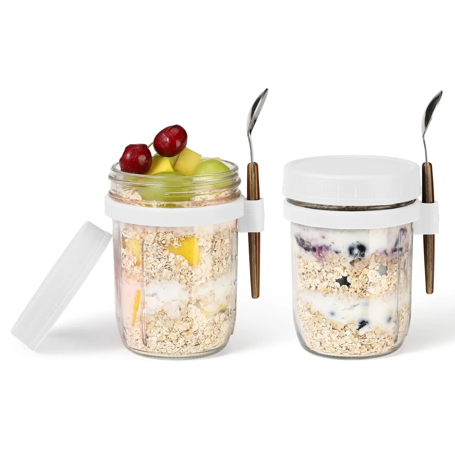 16oz Glass Mason Overnight Oats Jars, Cereal, Yogurt, Salad Lunch,Glass Overnight Oats Containers with Lids and Spoon, Container with Measurement Marks - (White-2Pcs)