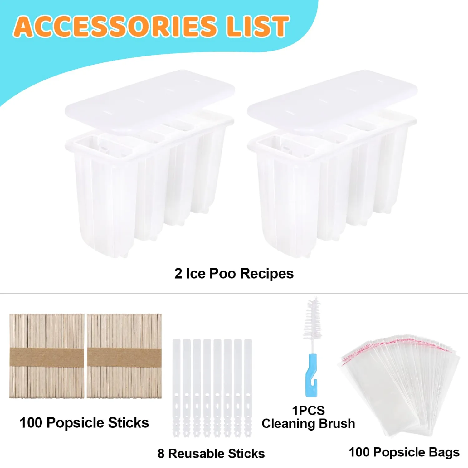 8 Cavity Popsicle Molds, 100 Popsicle Single-use Sticks, 8 Reusable Sticks, 100 Popsicle Bags + Cleaning Brush, BPA-Free, Easy Release Popsicle Maker Molds