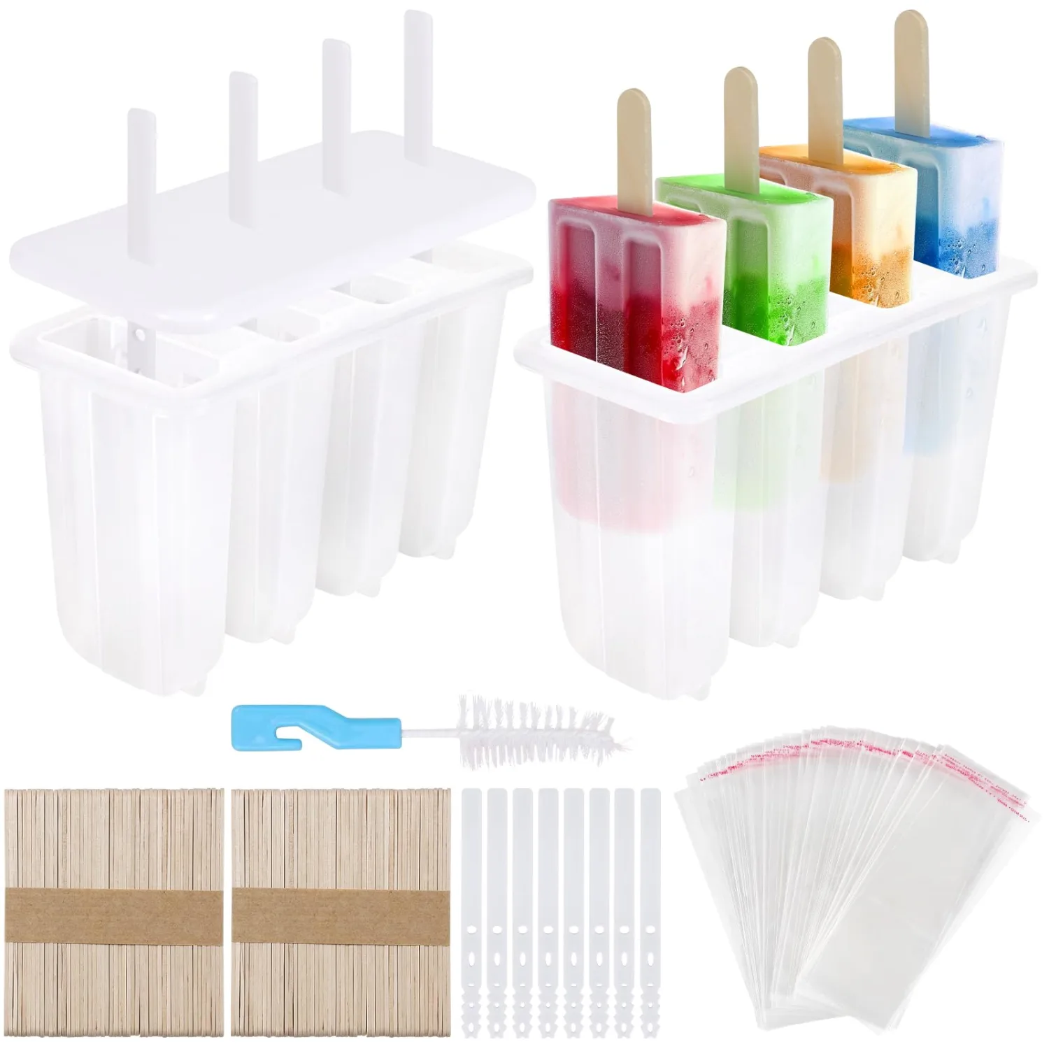 8 Cavity Popsicle Molds, 100 Popsicle Single-use Sticks, 8 Reusable Sticks, 100 Popsicle Bags + Cleaning Brush, BPA-Free, Easy Release Popsicle Maker Molds