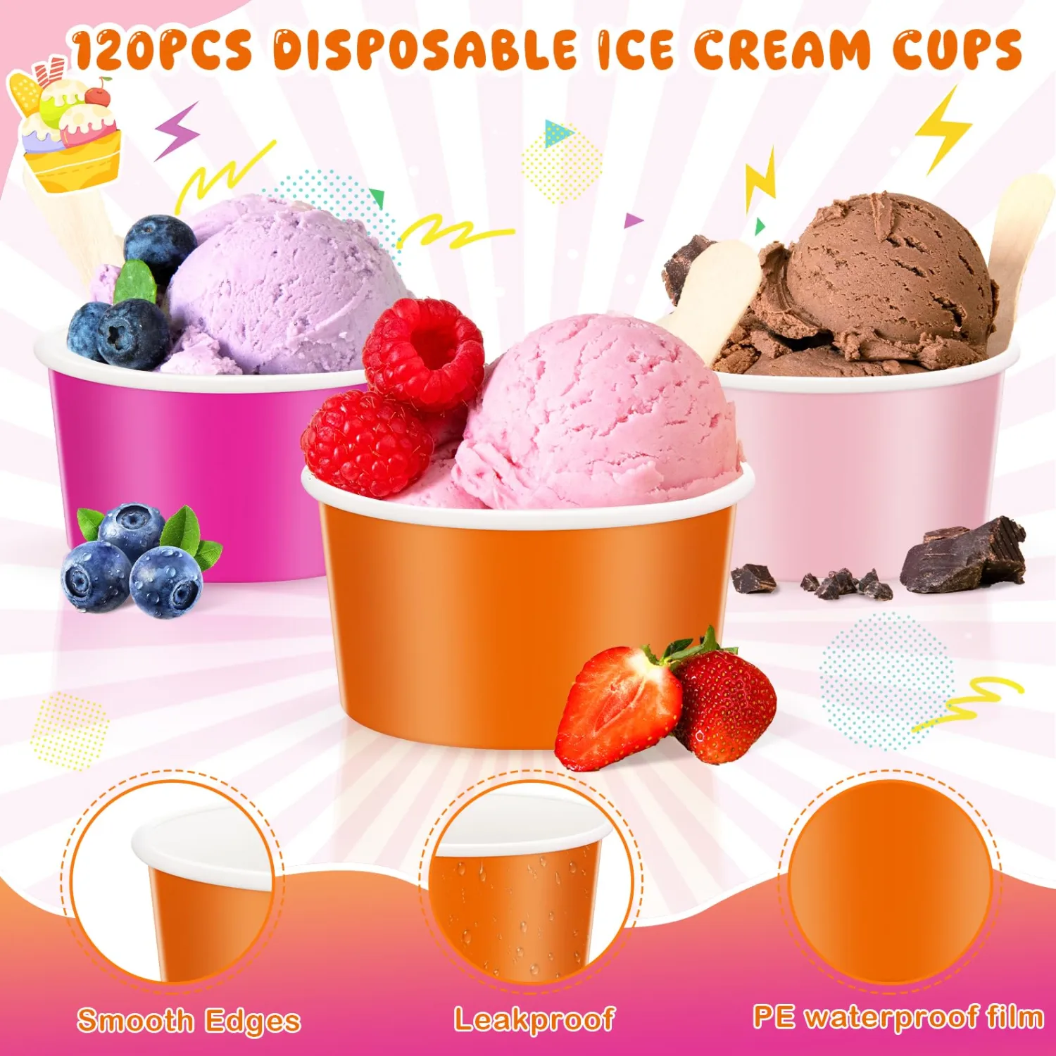120 Pcs 3 oz Paper Cups Disposable Ice Cream Cups Paper Snack Bowls Bulk Small Frozen Yogurt Bowls for Hot and Cold Foods Ice Cream or Mousse Sunrises Bachelorette Party