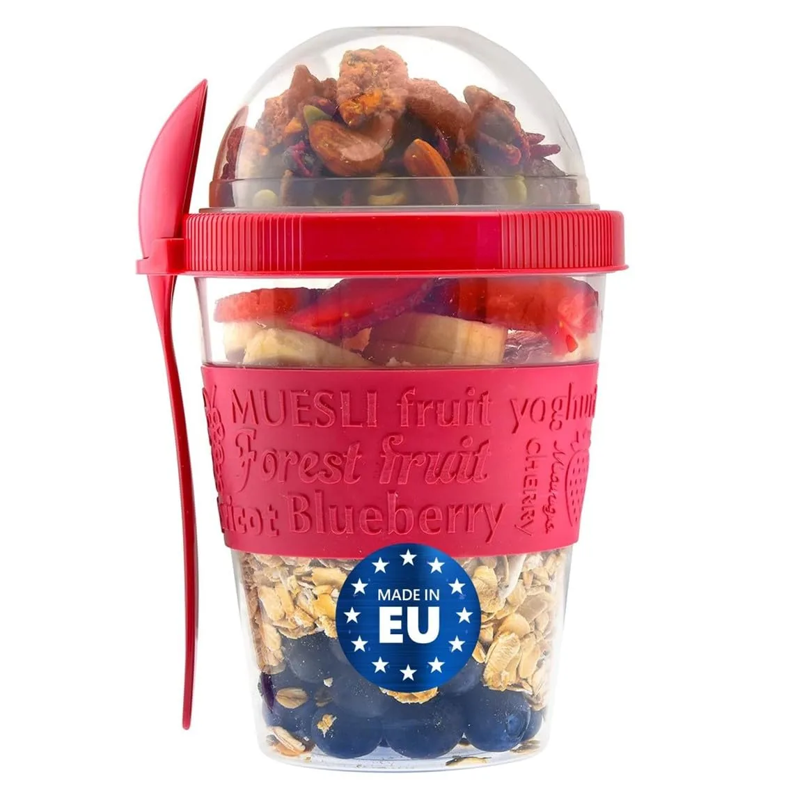 Tribello On the Go Yogurt Parfait Cups with Lids, Topping Compartment & Spoon, Parfait Cups for Breakfast Meal Prep, Reusable Leak Proof Yogurt Container - BPA Free - 20oz - Red (12)