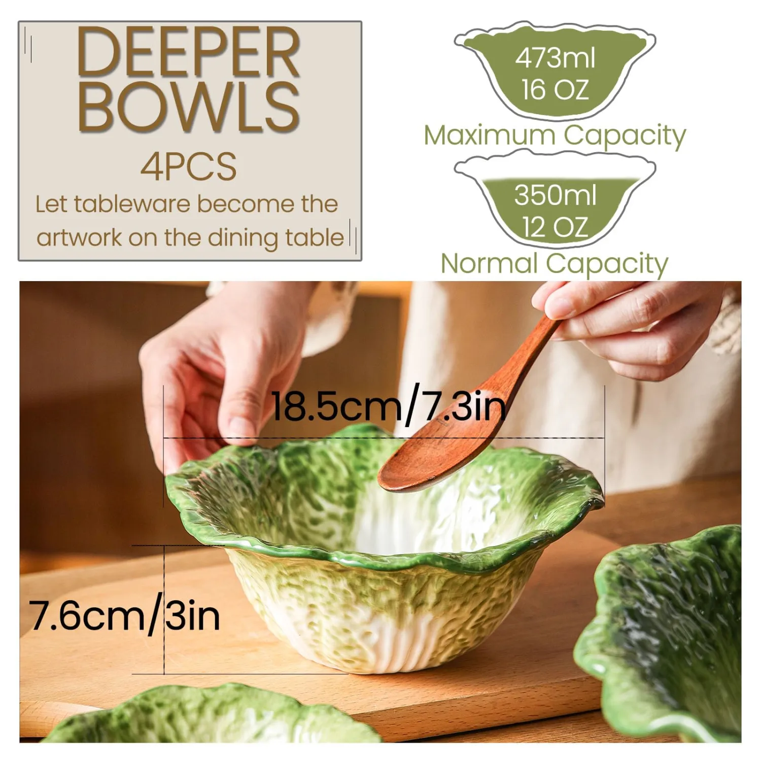 KXZ Green Ramen Noodle Bowls Microwavable 7 Inch, 16 Oz Ceramic Dinner Bowl Sets of 4 for Kitchen, Orcelain Silverware Set for Cereal, Soup, Serving, Rice, Pho, Salad, Pasta, Chip, Fruits, Vintage