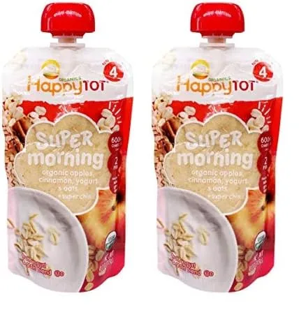 Happy Tot Organics Super Morning Stage 4, Apple Cinnamon, Yogurt, & Oats + Super Chia, 4 Ounce (Pack of 2)