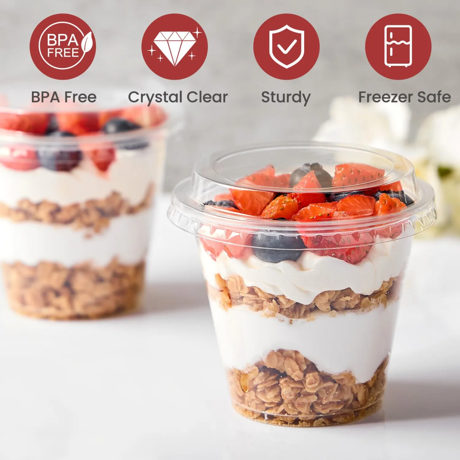 50 Pack 9 oz Plastic Dessert Cups with Lids, Small Plastic Yogurt Parfait Cups, Mini Round Party Serving Cup for Pudding, Fruit, Cake, Appetizer, Dessert Shot Glasses