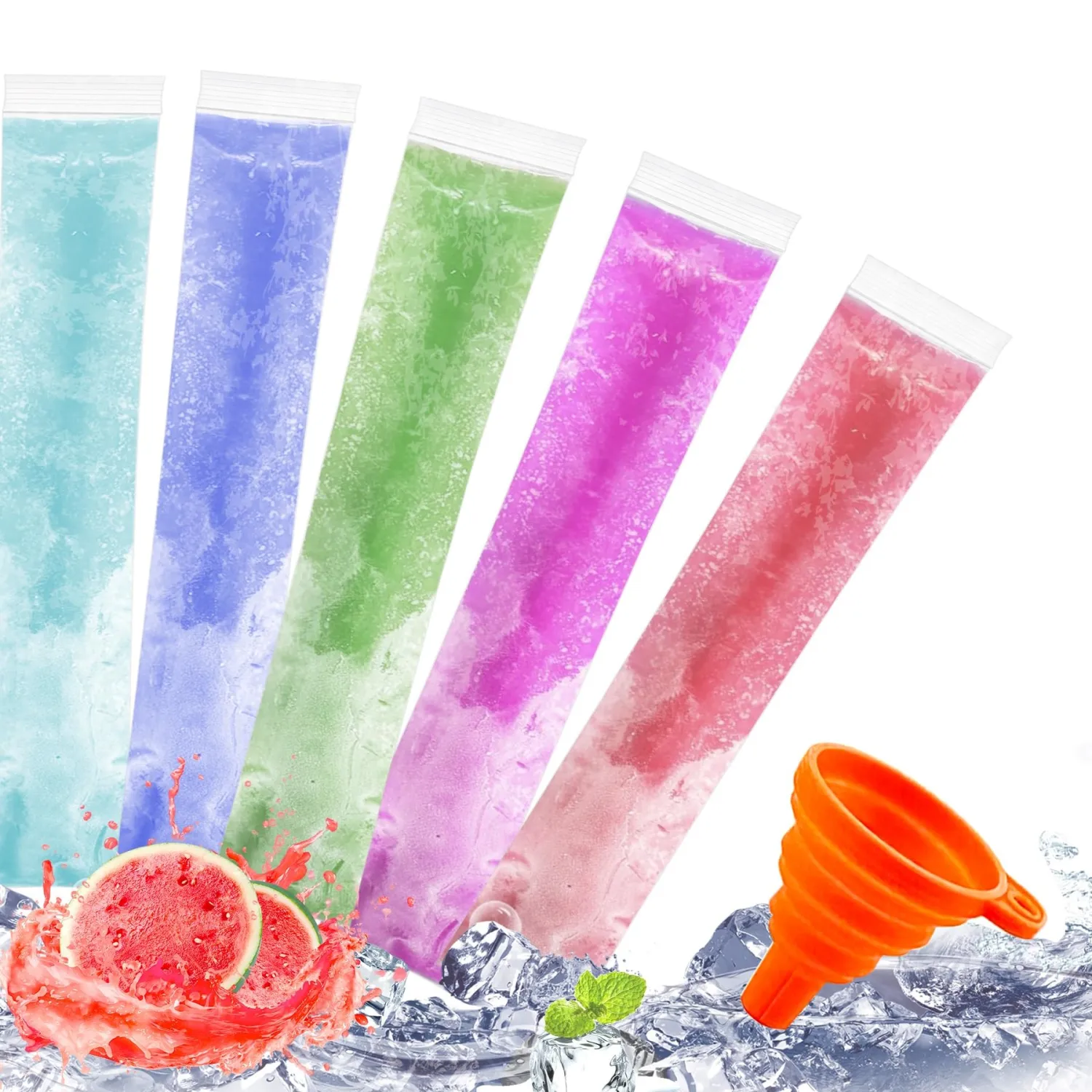 FEBSNOW 100 Ice Lolly Bags Disposable Ice Popsicle Mold Bags, Freezer Tubes Ice Cream Mold Easy to Fill for Snacks Yogurt Juice Fruit Ice Candy Pops Comes with Funnel (1.78 x 8.67 Inch)