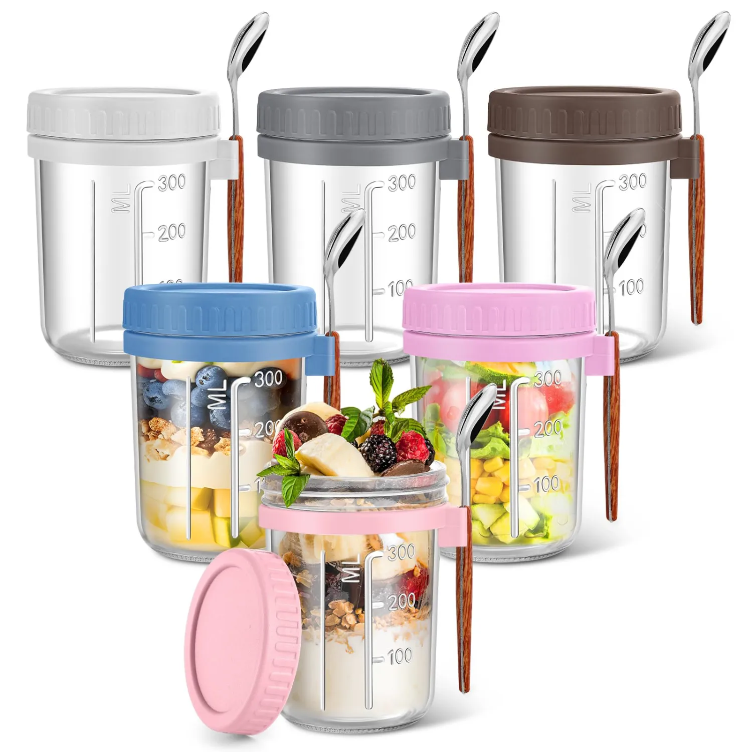 6 Pack Overnight Oats Containers with Lid and Spoons - 16oz Glass Mason Jars - Meal Prep Containers for Yogurt, Chia Pudding & Smoothies - Leakproof BPA-Free - Dishwasher