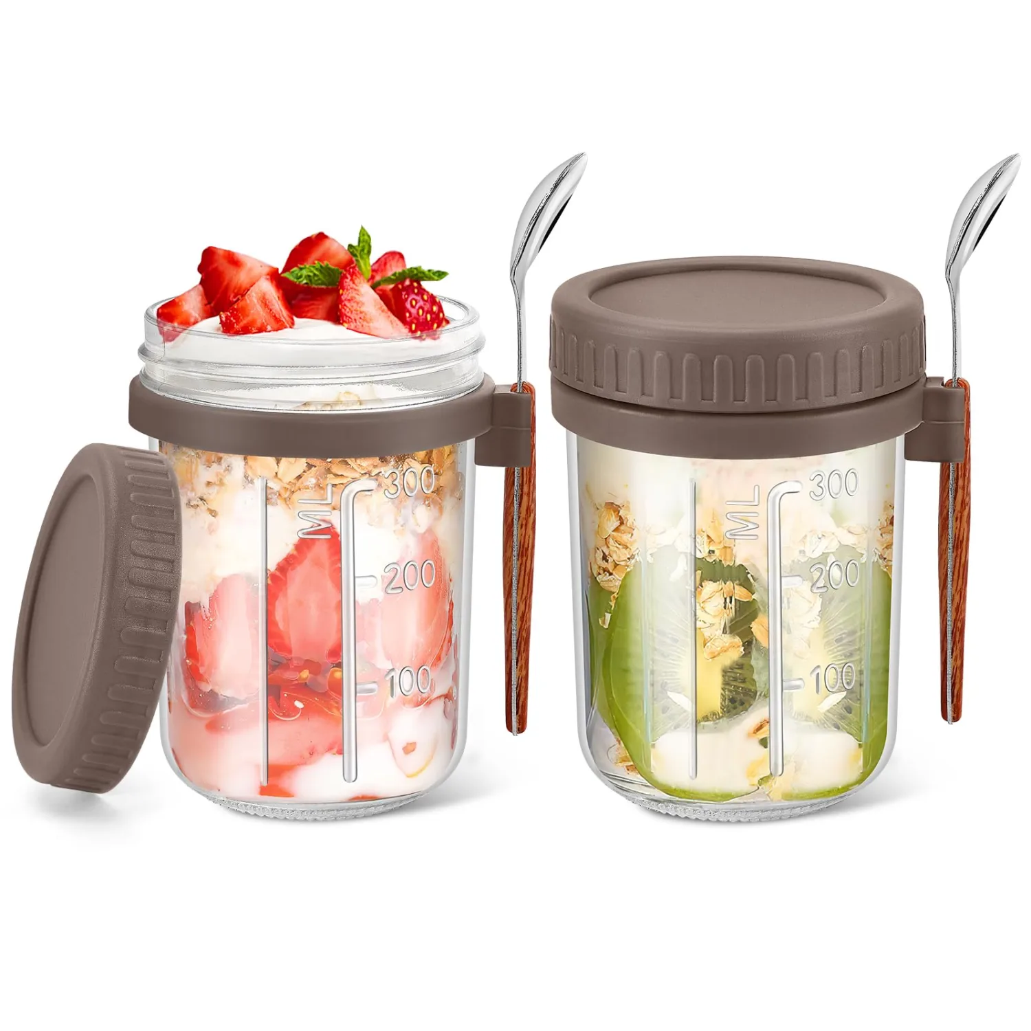 2-Pack Overnight Oat Containers with Spoons & Lids, 16 oz Glass Mason Overnight Oat Jars, Large Capacity Airtight Jar for Overnight Oats, Chia Pudding, Yoghurt, Parfait, Salads, Fruits (Brown)