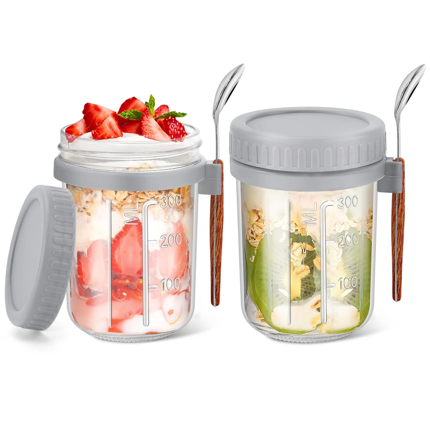 2-Pack Overnight Oat Containers with Spoons & Lids, 16 oz Glass Mason Overnight Oat Jars, Large Capacity Airtight Jar for Overnight Oats, Chia Pudding, Yoghurt, Parfait, Salads, Fruits (Grey)