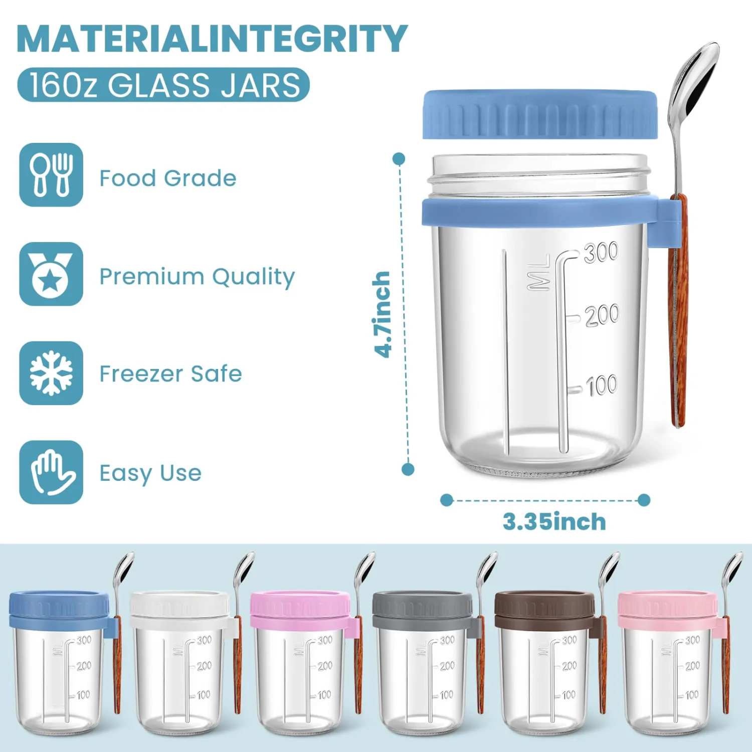 2-Pack Overnight Oat Containers with Spoons & Lids, 16 oz Glass Mason Overnight Oat Jars, Large Capacity Airtight Jar for Overnight Oats, Chia Pudding, Yoghurt, Parfait, Salads, Fruits (Grey)