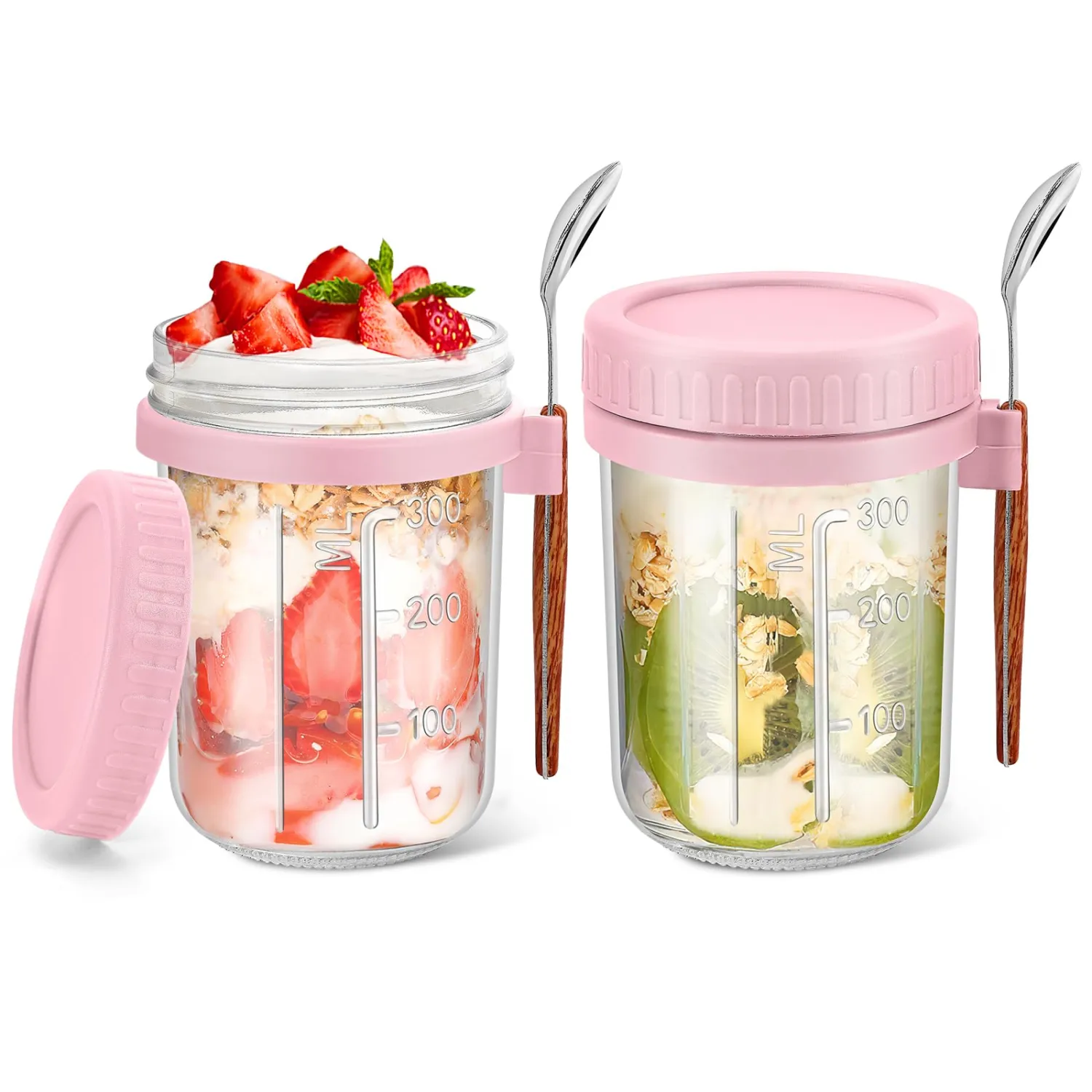 2-Pack Overnight Oat Containers with Spoons & Lids, 16 oz Glass Mason Overnight Oat Jars, Large Capacity Airtight Jar for Overnight Oats, Chia Pudding, Yoghurt, Parfait, Salads, Fruits (Pink)