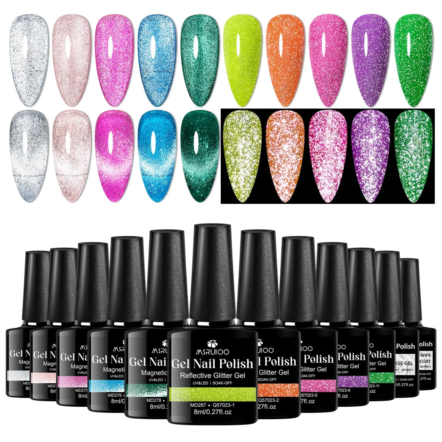 12PCS Cat Eye Gel Polish with Magnet, Glitter Cat Eye Gel Nail Polish Set + Reflective Glitter Neon Gel Polish Set Soak Off UV/LED Manicure Nail Gift for Women