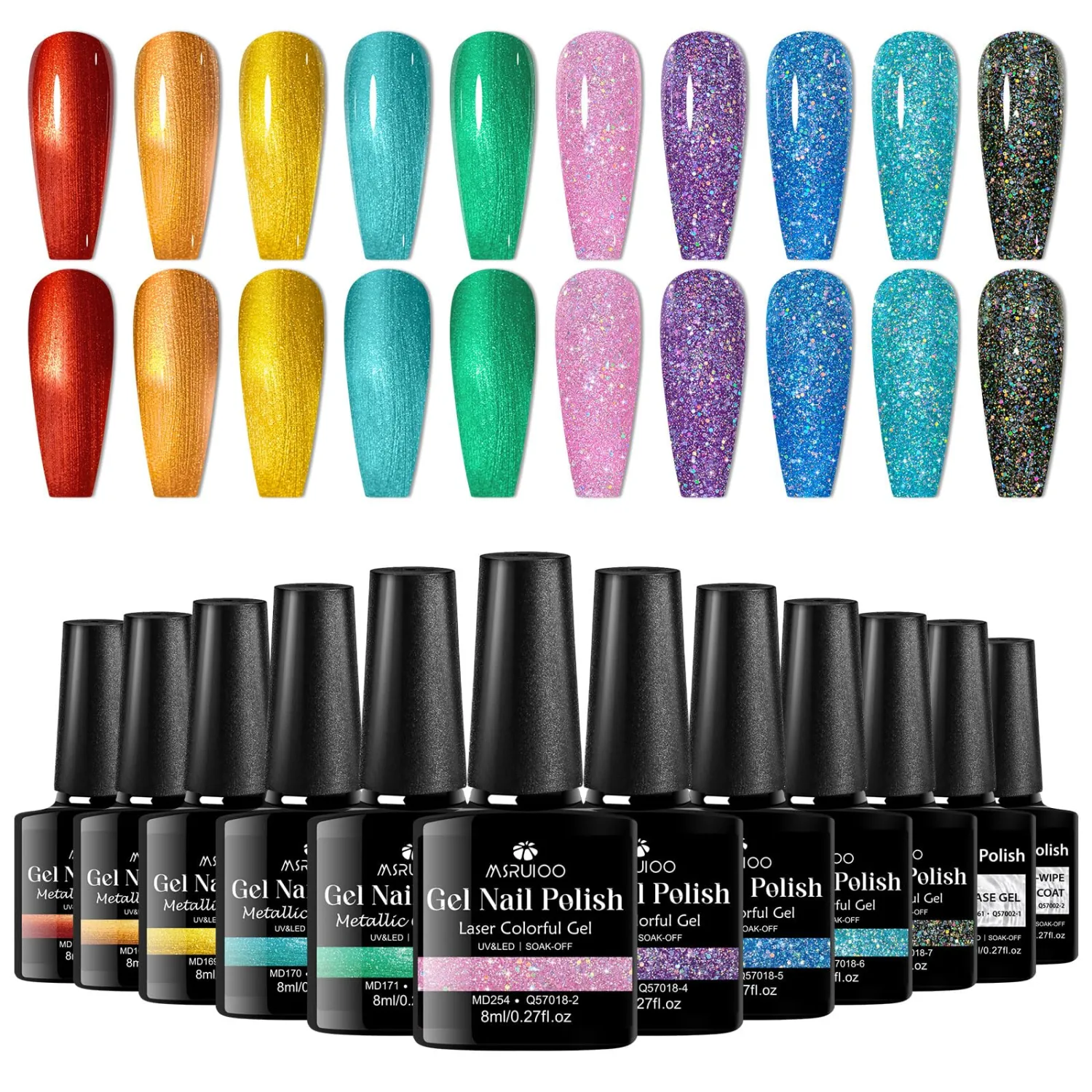 Metallic Gel Nail Polish + Reflective Glitter Gel Polish Red Orange Pink Blue Green Disco Nail Polish Soak Off UV/LED Nail Gel for Home Salon DIY Manicure 12Pcs