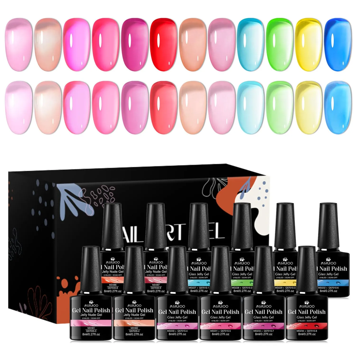 12 Colors Jelly Gel Nail Polish Set Crystal Neon Gel Polish Pastel Pink Blue Green Transparent Rainbow Manicure Kit Gift for Women Girls 8ML