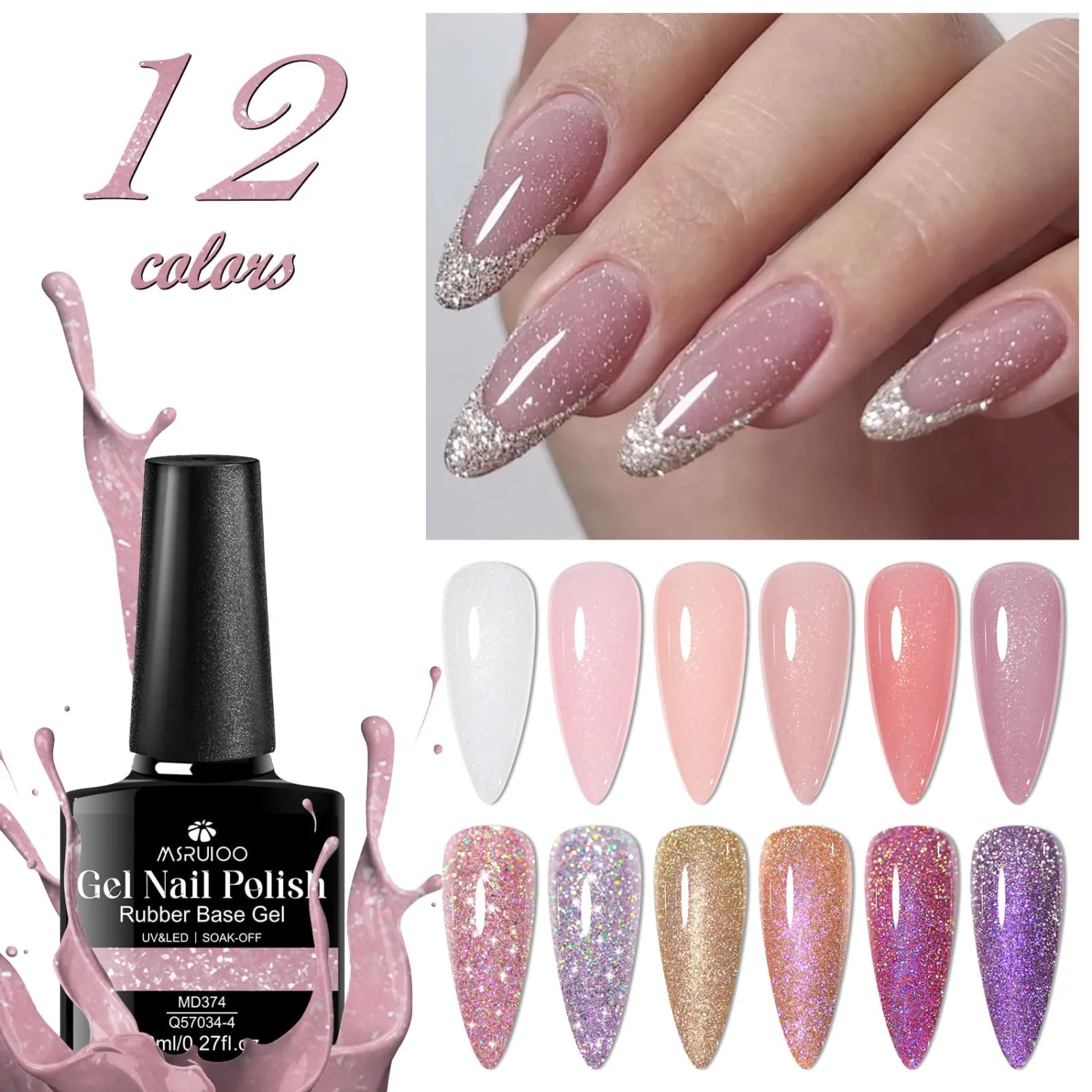 Rubber Base Gel Pink Builder Gel for Nails + Reflective Glitter Gel Nail Polish Set 12 Colors Pink Purple Soak Off Uv/Led Nail Polish Kit DIY Manicure 8ml/0.27fl.oz