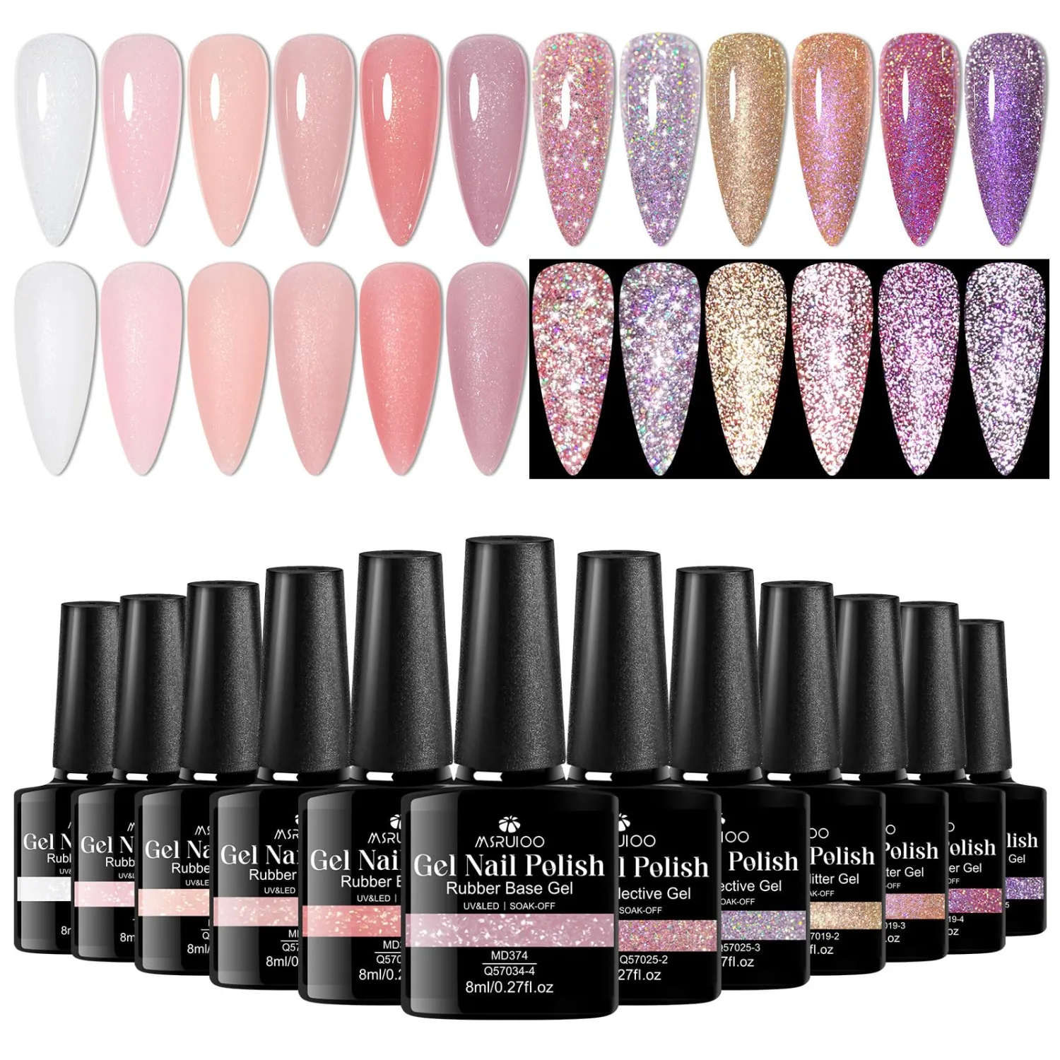Rubber Base Gel Pink Builder Gel for Nails + Reflective Glitter Gel Nail Polish Set 12 Colors Pink Purple Soak Off Uv/Led Nail Polish Kit DIY Manicure 8ml/0.27fl.oz