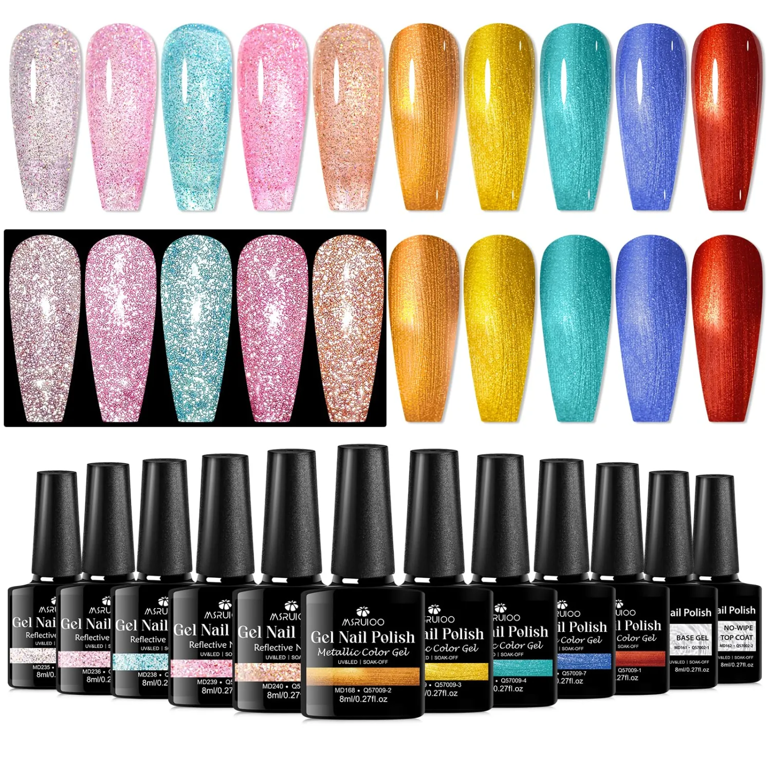 Gel Polish Set Reflective Glitter Gel Nail Polish and Metallic Gel Nail Polish Set with Base Coat And Top Coat Gel Nail Art Manicure Kit Home DIY Nail Salon 12pcs*8ml