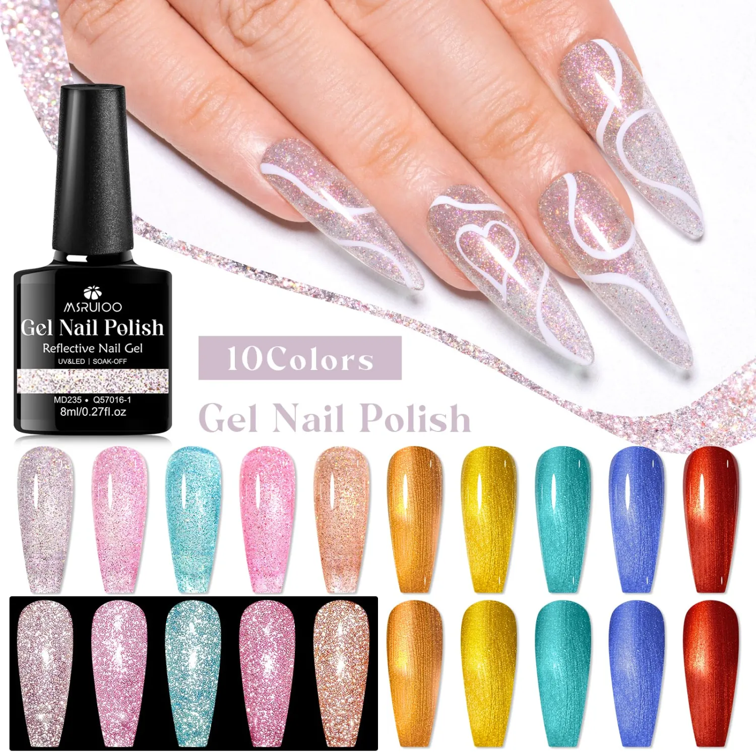 Gel Polish Set Reflective Glitter Gel Nail Polish and Metallic Gel Nail Polish Set with Base Coat And Top Coat Gel Nail Art Manicure Kit Home DIY Nail Salon 12pcs*8ml