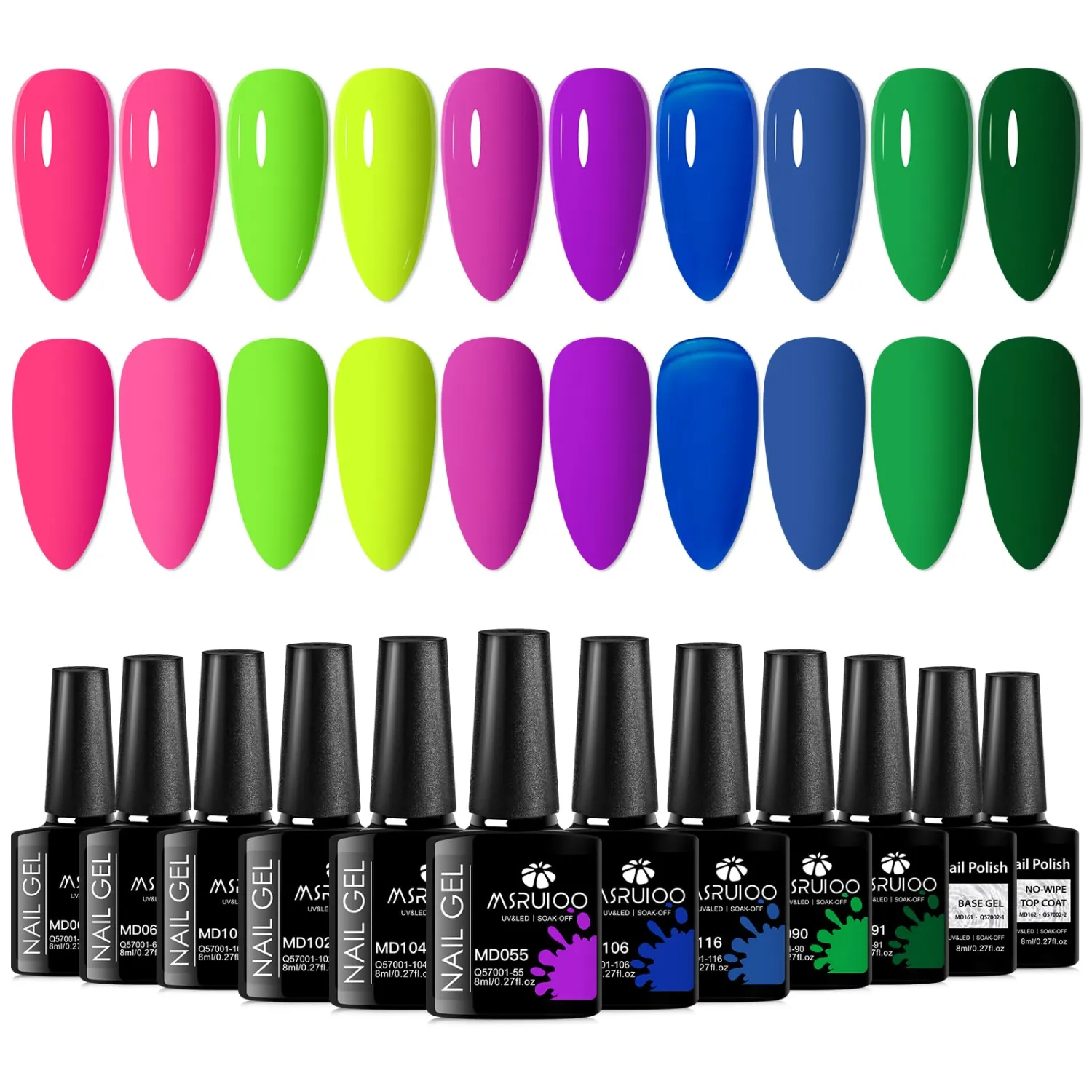 Gel Nail Polish Kit 12PCS Gel Polish Set 10 Colors Hot Pink Green Purple Blue Neon Colors All Seasons Nail Gel with Glossy Top Coat and Base Coat for Nail Art DIY 8ml