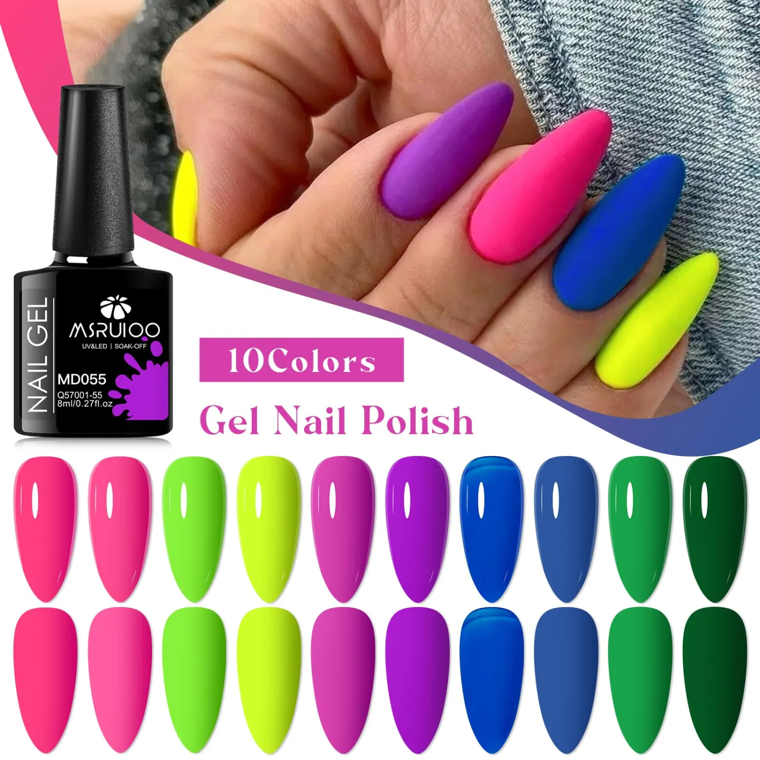 Gel Nail Polish Kit 12PCS Gel Polish Set 10 Colors Hot Pink Green Purple Blue Neon Colors All Seasons Nail Gel with Glossy Top Coat and Base Coat for Nail Art DIY 8ml