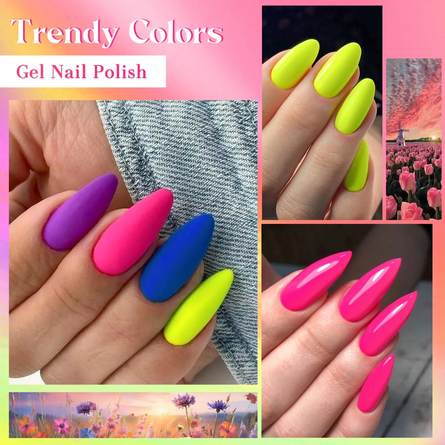Gel Nail Polish Kit 12PCS Gel Polish Set 10 Colors Hot Pink Green Purple Blue Neon Colors All Seasons Nail Gel with Glossy Top Coat and Base Coat for Nail Art DIY 8ml