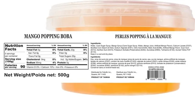 52USA Mango Popping Boba (500g), Popping Pearls for Bubble Tea, Beverages, Sweets, Ice Cream, Shakes, Desserts & Smoothies Topping, 1.1 Pound (Pack of 1)
