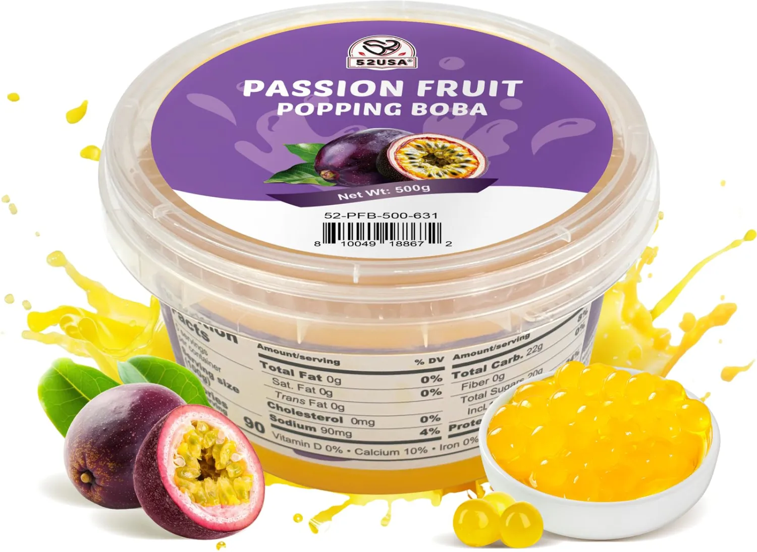 52USA Passion Fruit Popping Boba (500g), Popping Pearls for Bubble Tea, Beverages, Sweets, Ice Cream, Shakes, Desserts & Smoothies Topping, 1.1 Pound (Pack of 1)