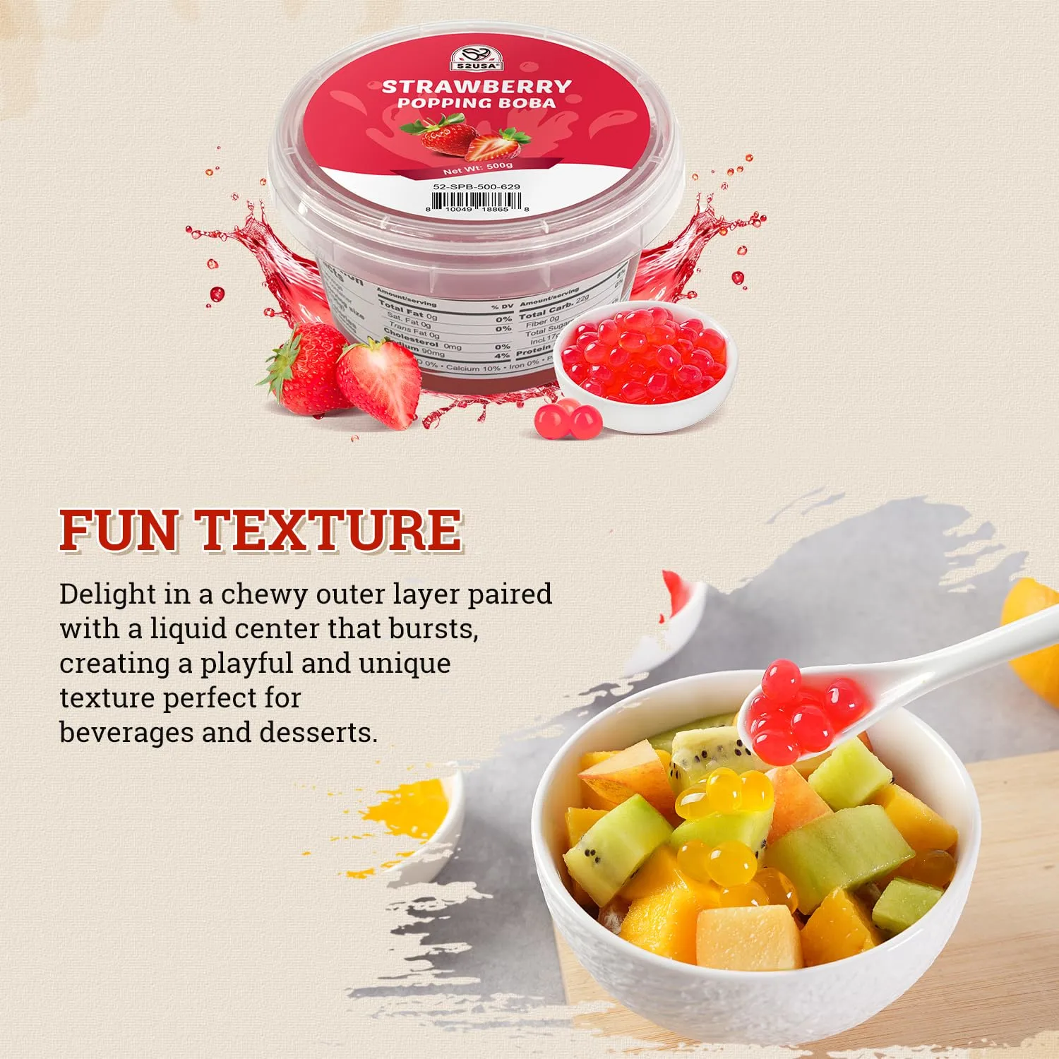 52USA Strawberry Popping Boba (500g), Popping Pearls for Bubble Tea, Beverages, Sweets, Ice Cream, Shakes, Desserts & Smoothies Topping, 1.1 Pound (Pack of 1)