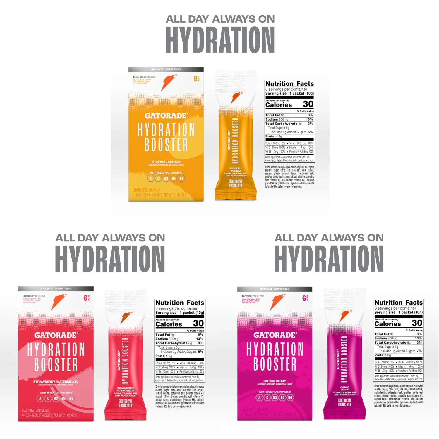 Gatorade Hydration Booster - All 3 Flavors (Strawberry Watermelon, Tropical Mango, Citrus Berry)
