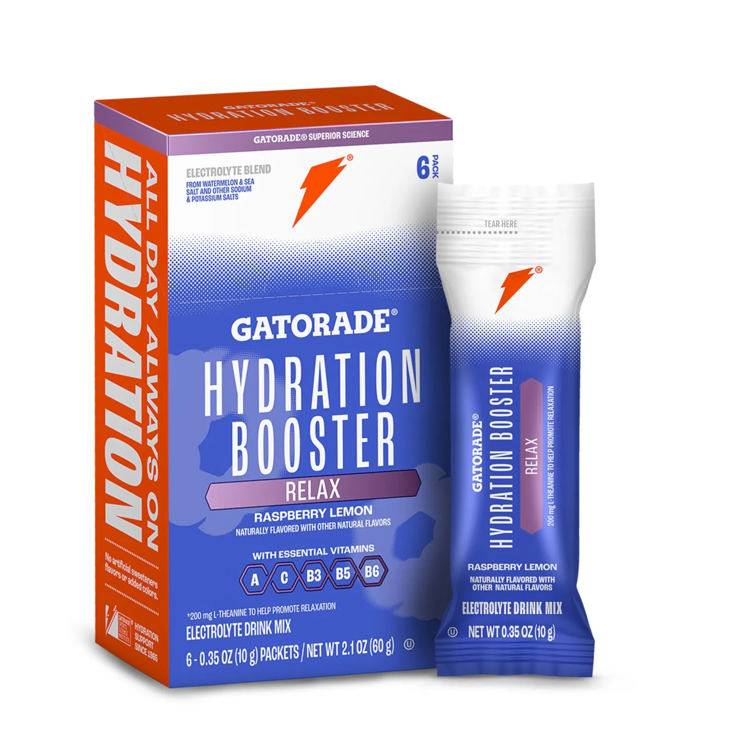 Gatorade Hydration Booster Electrolyte Drink Mix Powder Packets, Relax and Unwind, Raspberry Lemon, Makes 20 Fl Oz (6 Pack)