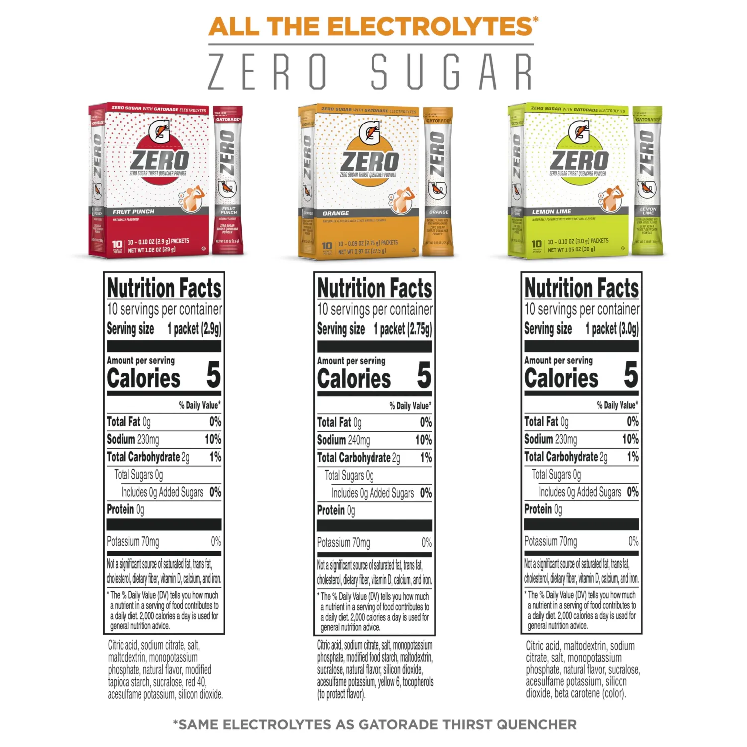 Gatorade G Zero Sports Drink Mix Powder Packets, 3 Flavor Classic Variety Pack, Electrolyte Powder Drink Mix for Hydration, Zero Sugar, Total 30 Packets