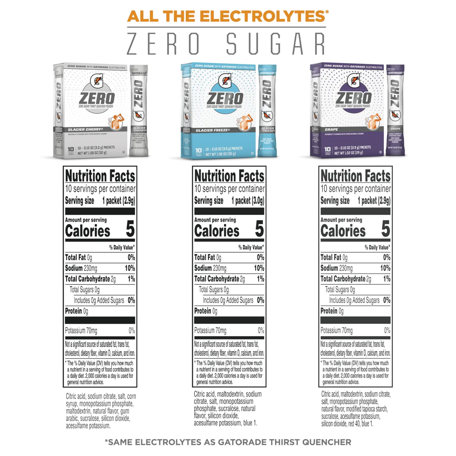 Gatorade G Zero Sports Drink Mix Powder Packets, 3 Flavor Frost Variety Pack, Electrolyte Powder Drink Mix for Hydration, Zero Sugar, 30 Total Packets
