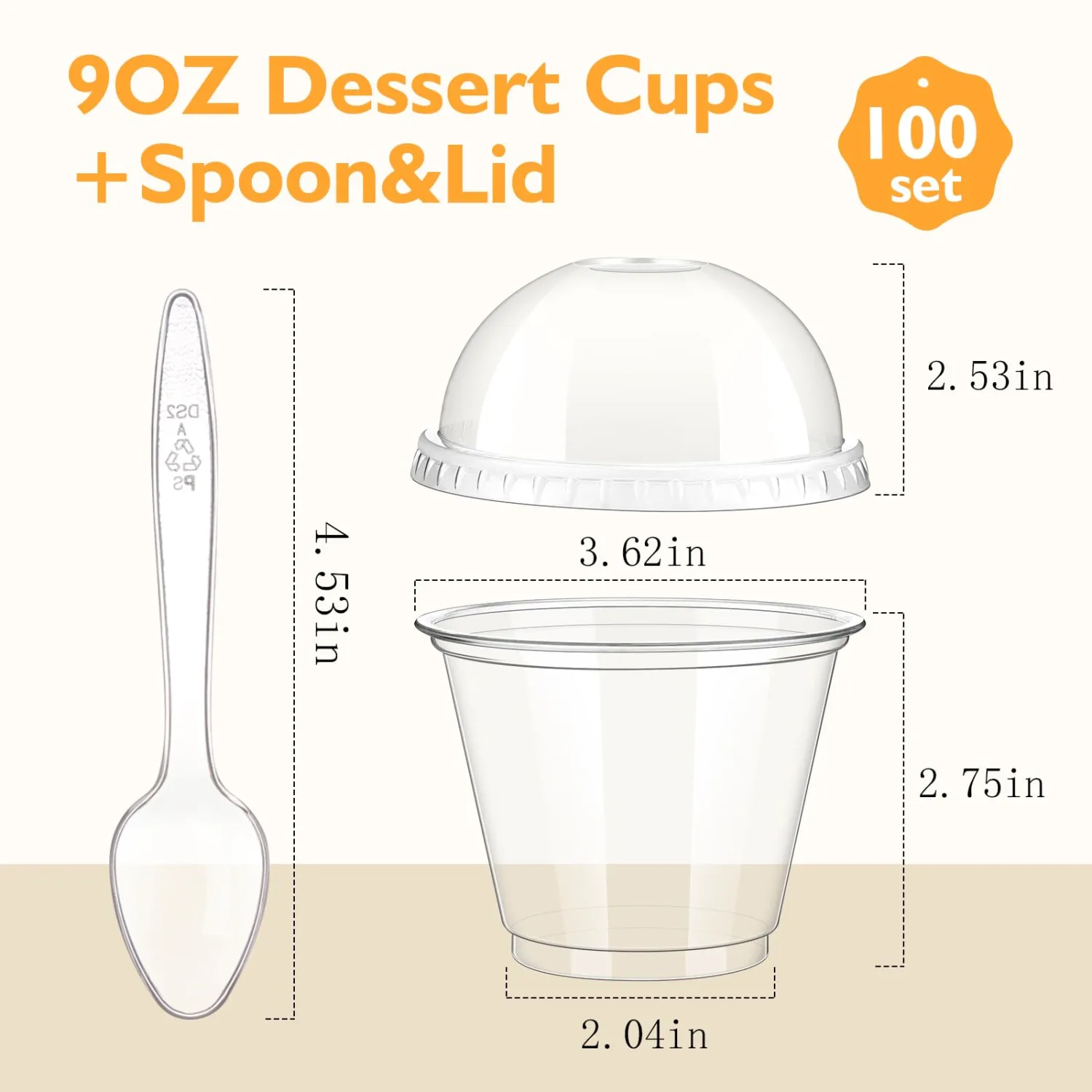 KesaPlan 100 Set 9 oz Plastic Clear Dessert Cups with Dome Lids No Hole & Spoons, Crystal Disposable Parfait Cup with Lids, Plastic Fruit Cups for Ice Cream Puddings Yogurt Smoothie Juice Snacks